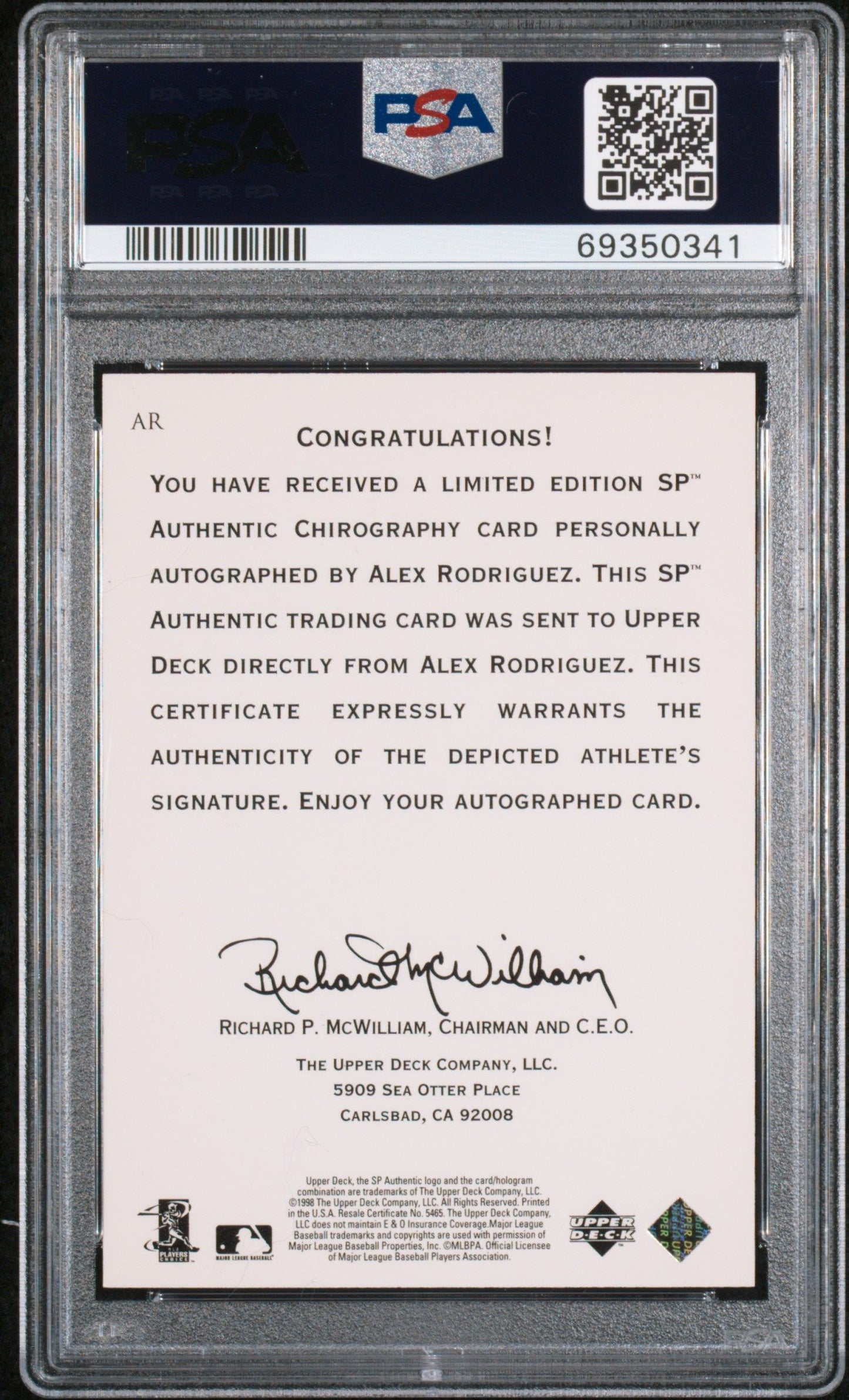 1998 ALEX RODRIGUEZ SP AUTHENTIC CHIROGRAPHY #AR PSA 10