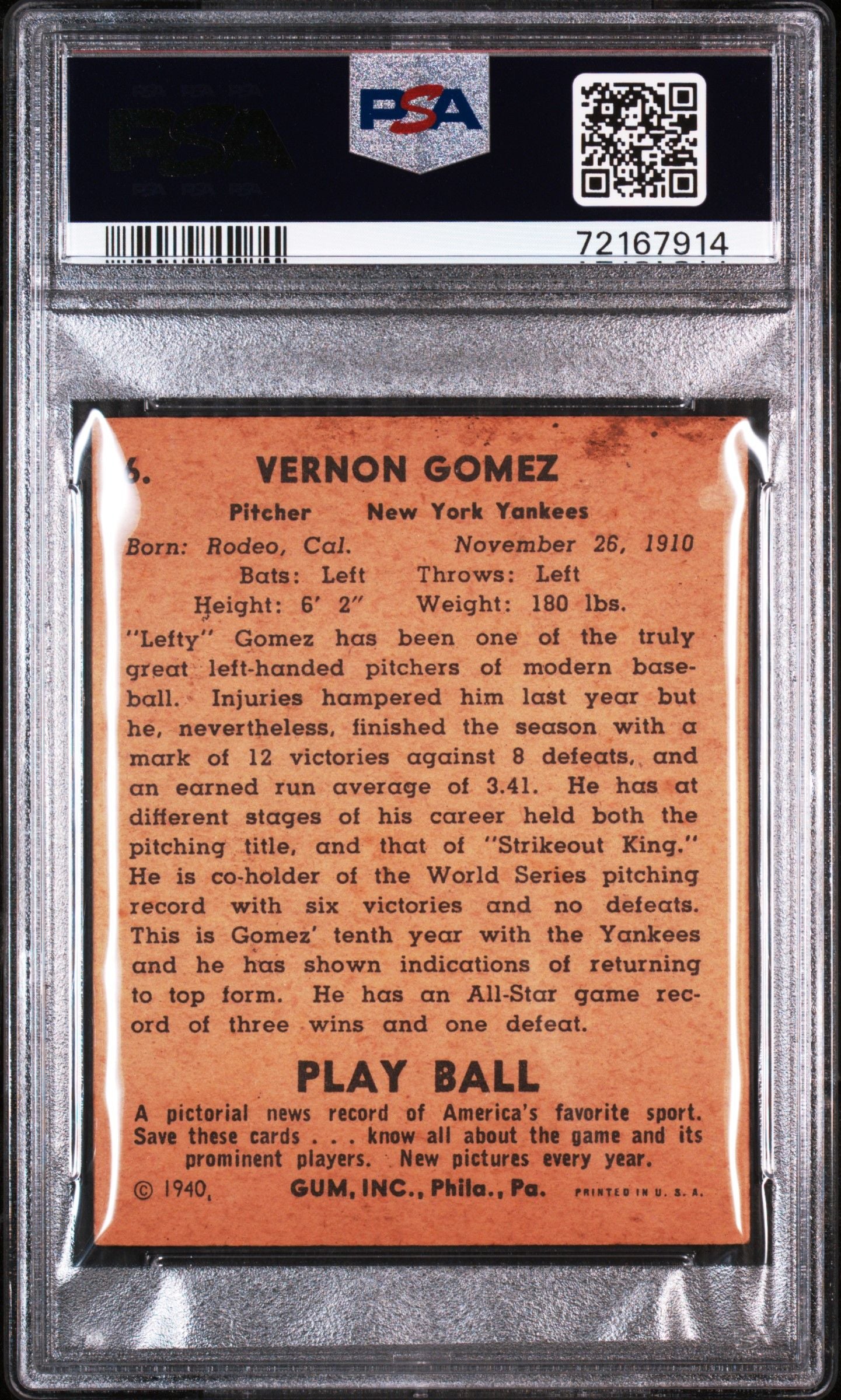 1940 PLAY BALL LEFTY GOMEZ #6 PSA 3