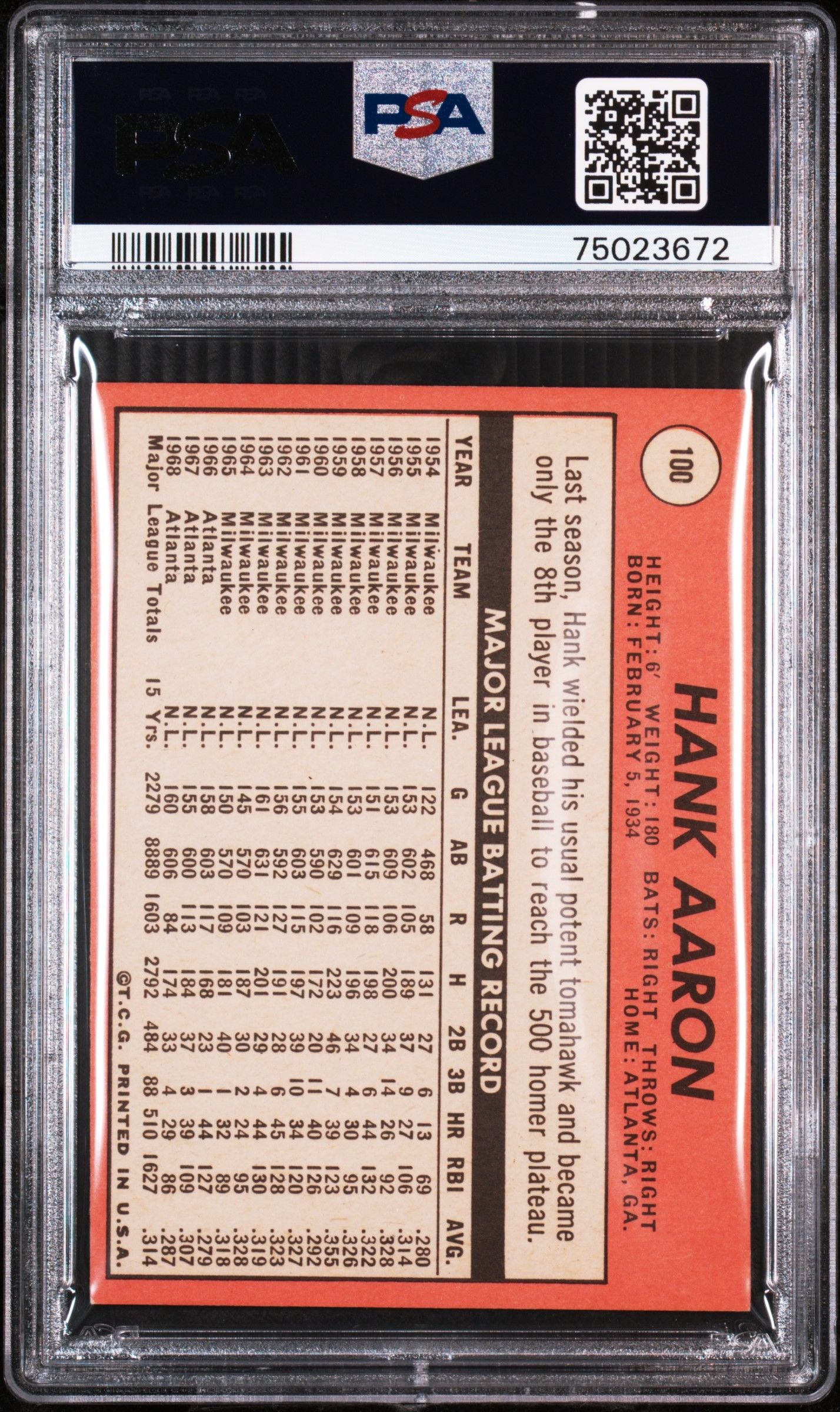 1969 TOPPS HANK AARON #100 PSA 8