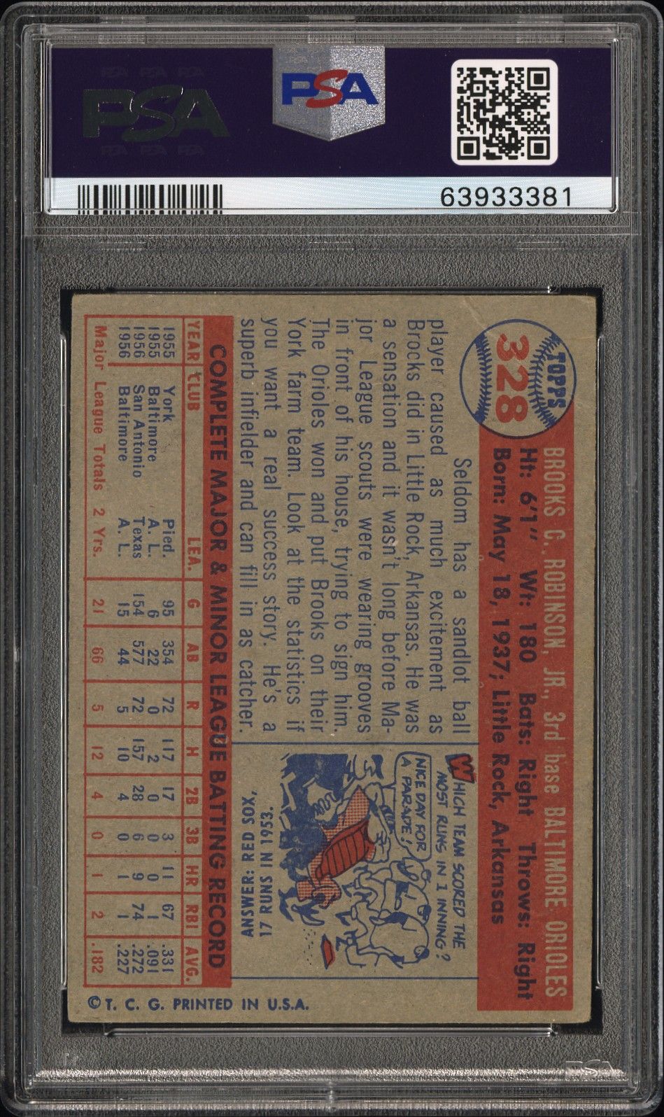 1957 TOPPS BROOKS ROBINSON #328 PSA 3