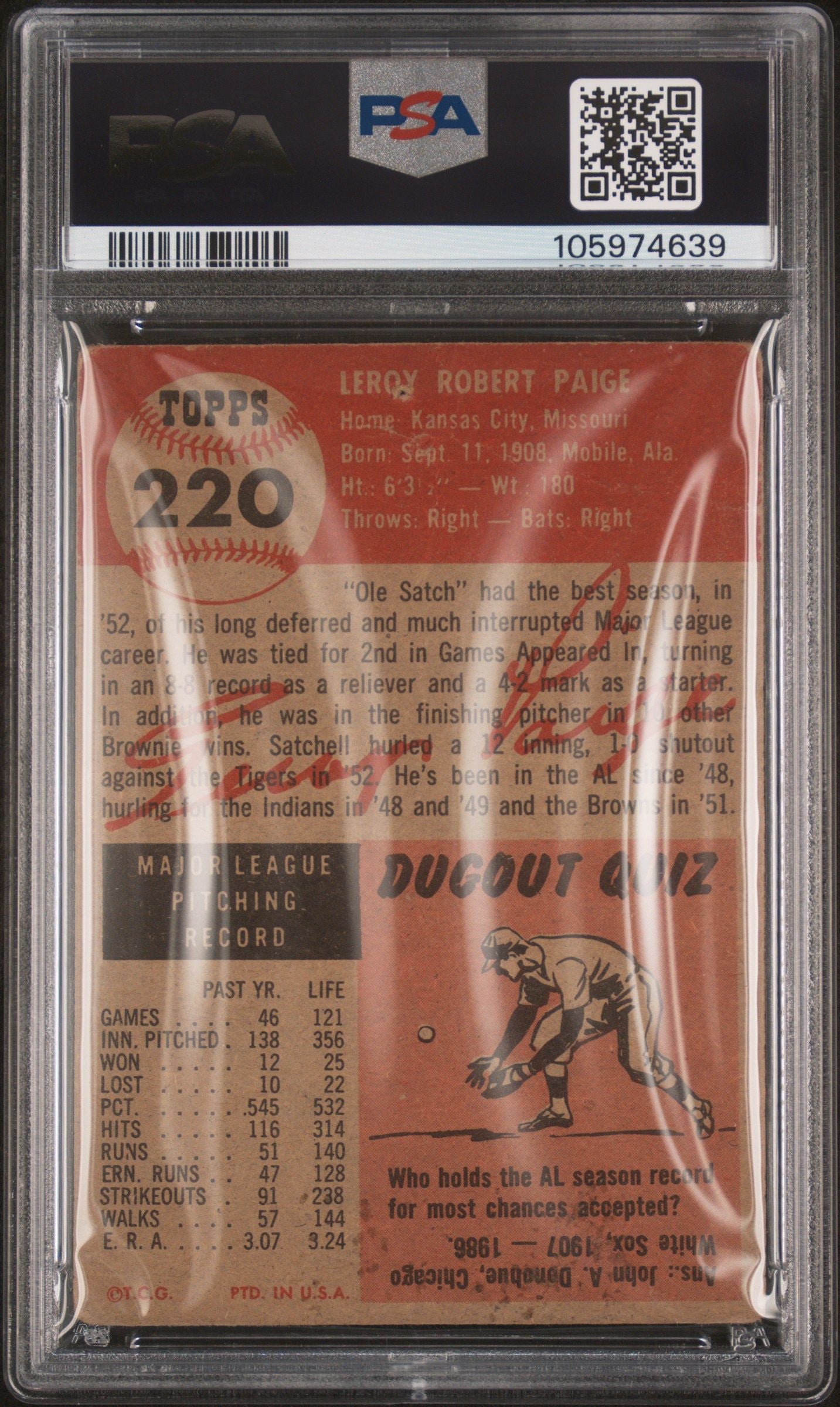 1953 TOPPS SATCHELL PAIGE #220 PSA 1