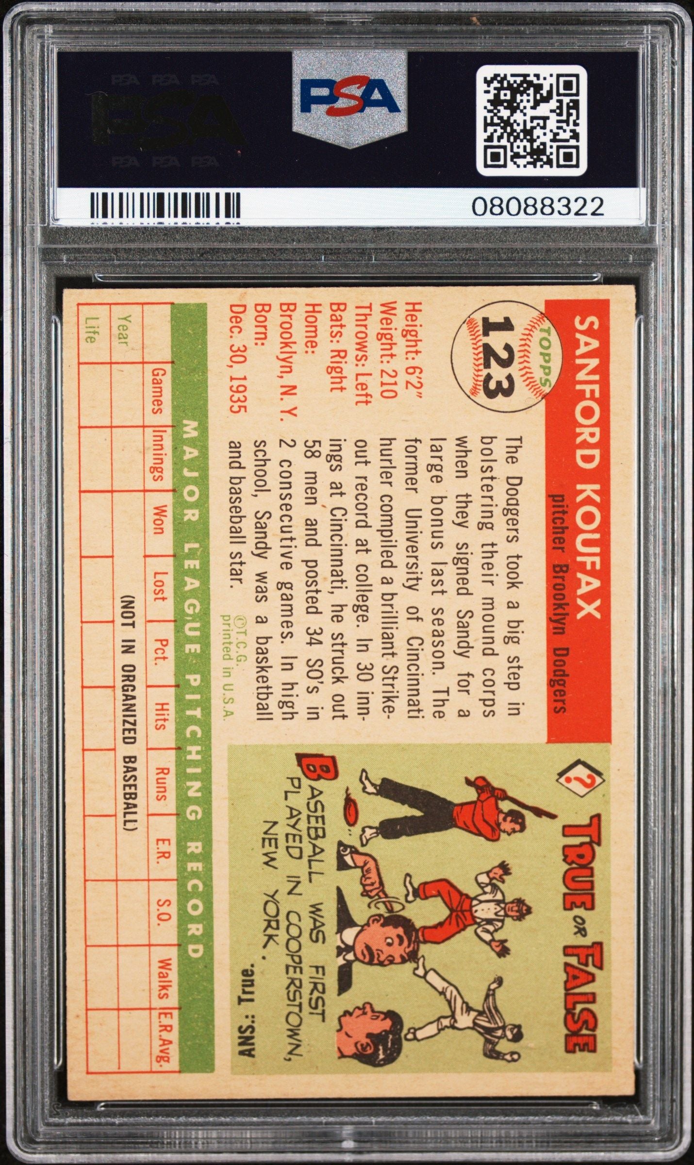 1955 TOPPS SANDY KOUFAX #123 PSA 7