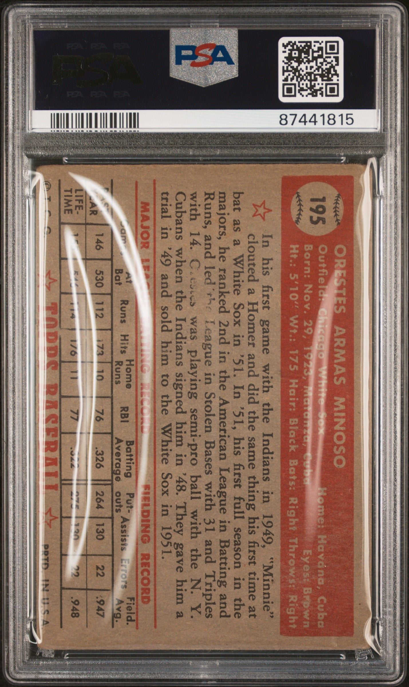 1952 TOPPS ORESTES MINOSO #195 PSA/DNA 3 AUTO 8