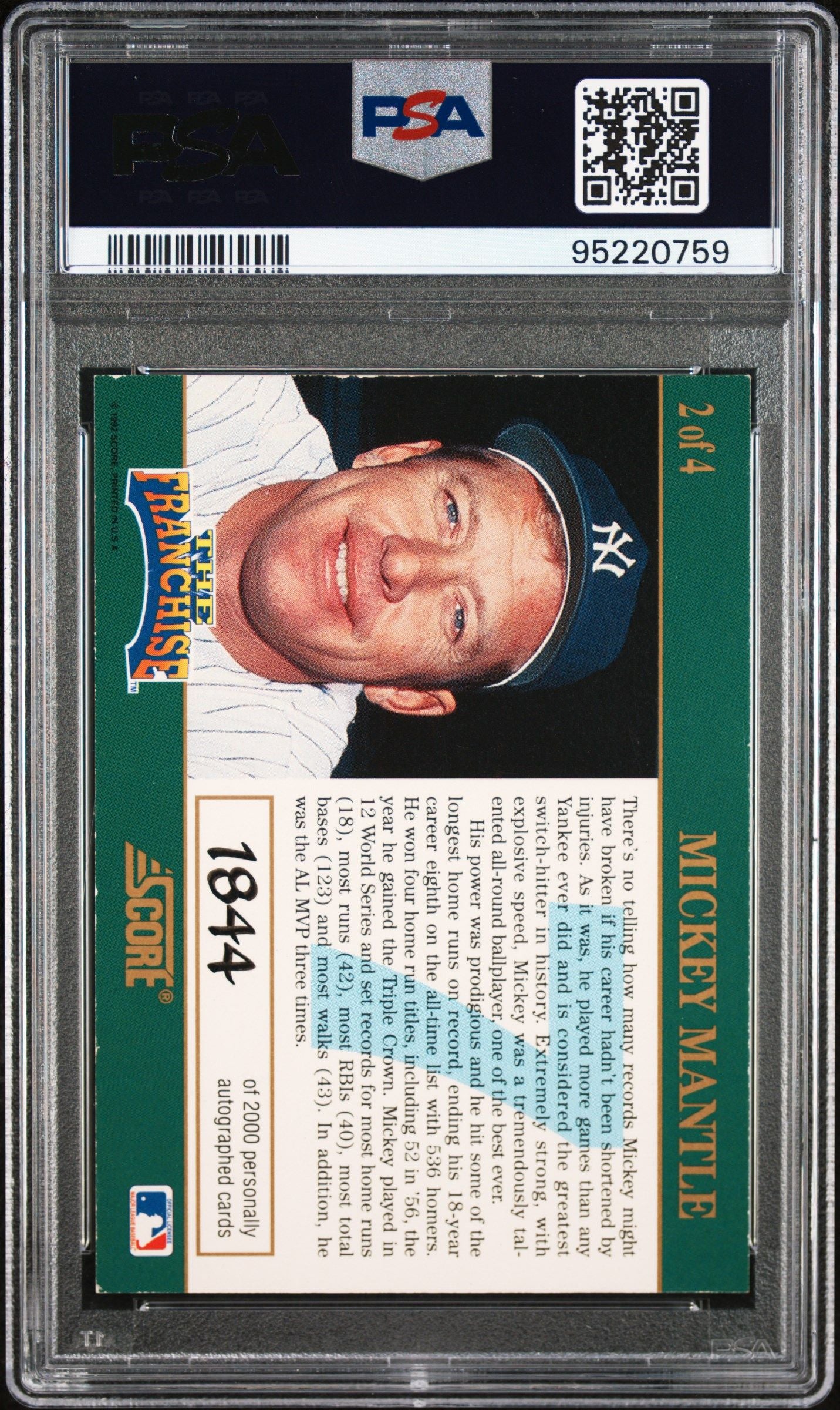 1992 SCORE MICKEY MANTLE THE FRANCHISE AUTOGRAPH #2 PSA/DNA AUTHENTIC AUTO 10