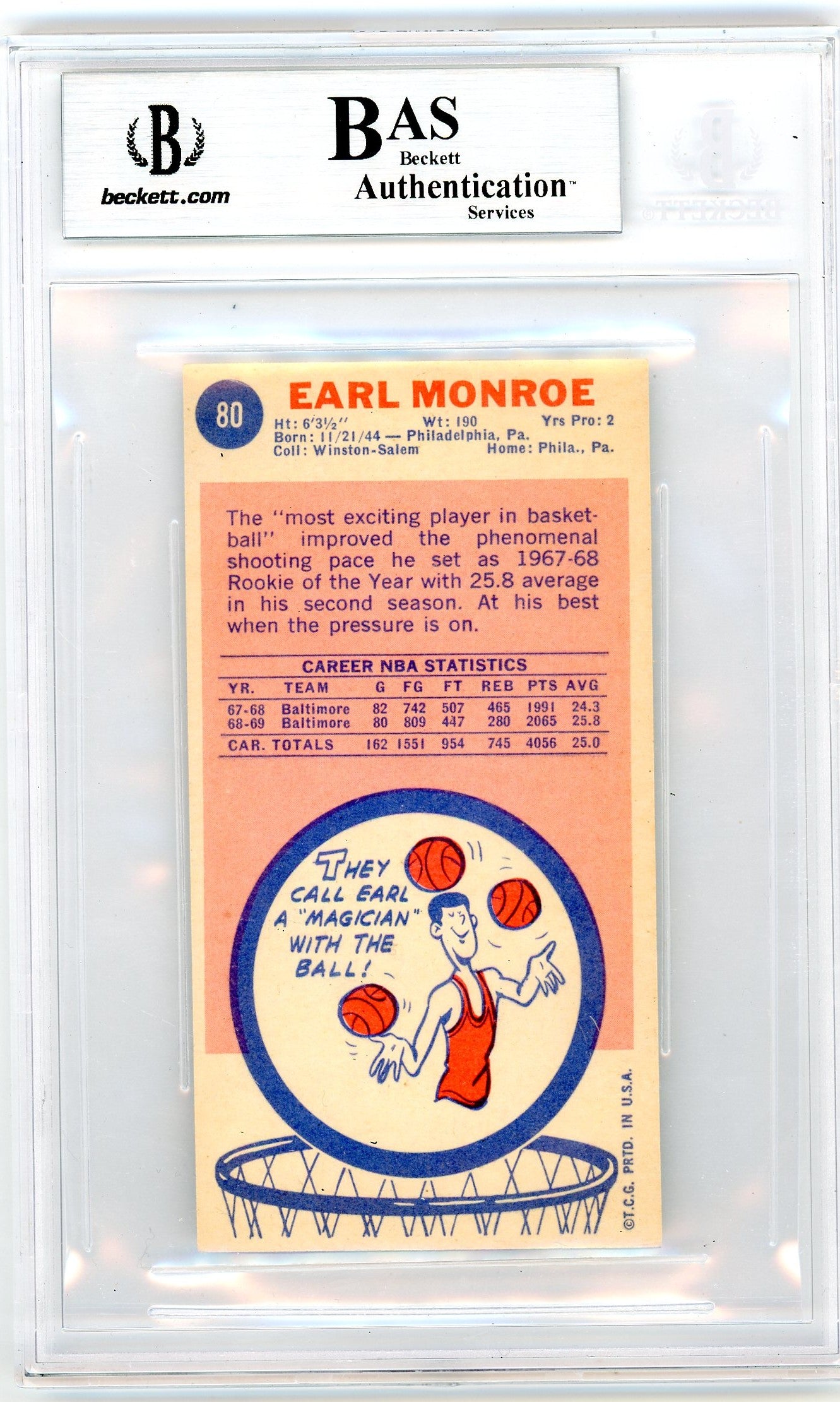 1969 Topps Earl Monroe #80 BVG Authentic Rookie BAS Auto Authentic