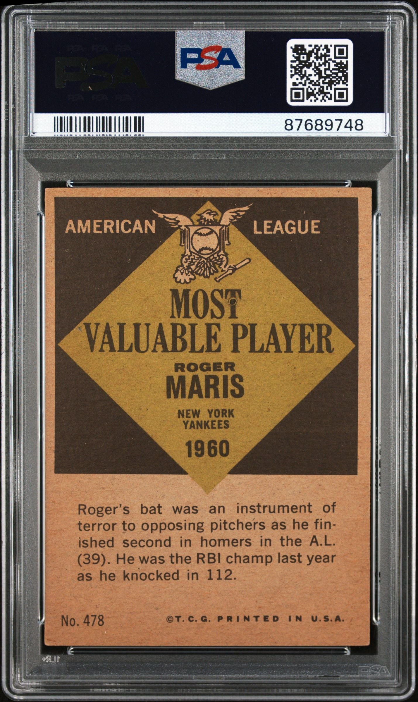 1961 TOPPS ROGER MARIS MVP #478 PSA 7