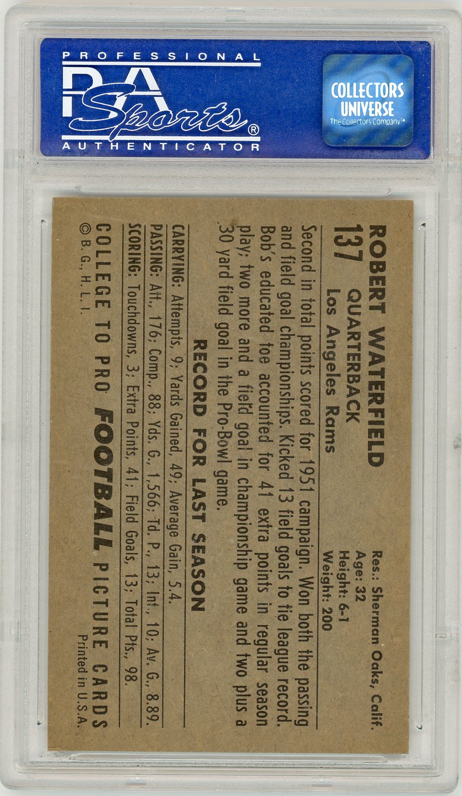 1952 Bowman Large Bob Waterfield #137 PSA 8