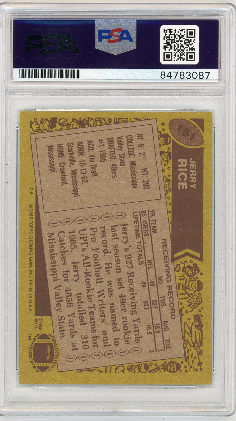 1986 Topps Jerry Rice #161 PSA A Auto 10