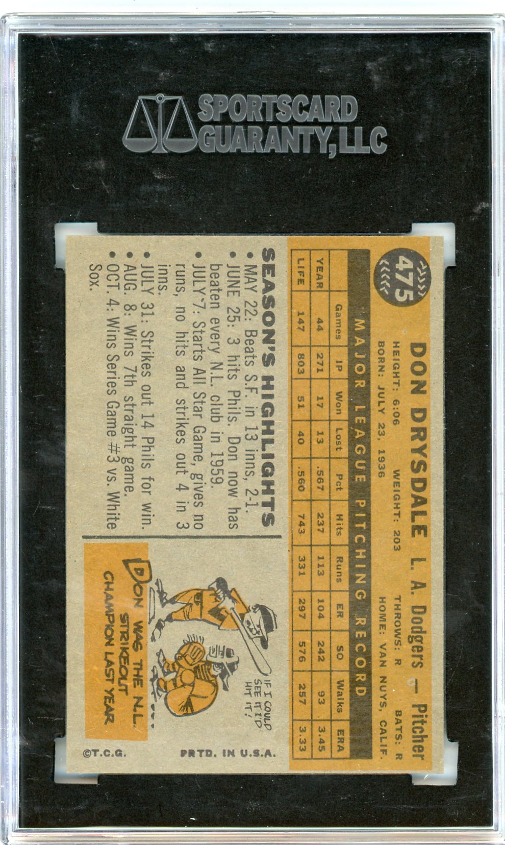 1960 Topps Don Drysdale #475 SGC 8
