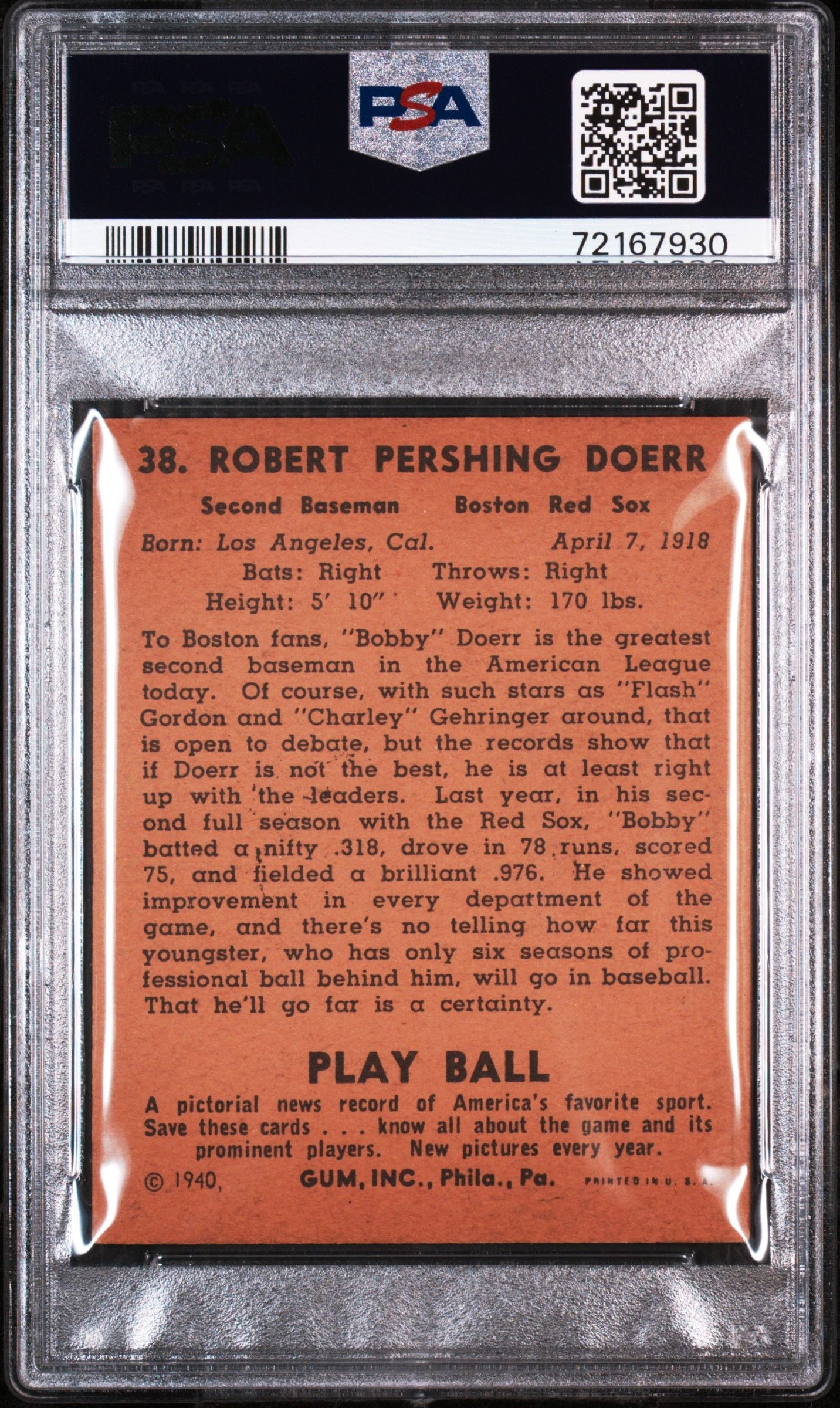 1940 PLAY BALL BOBBY DOERR #38 PSA 4