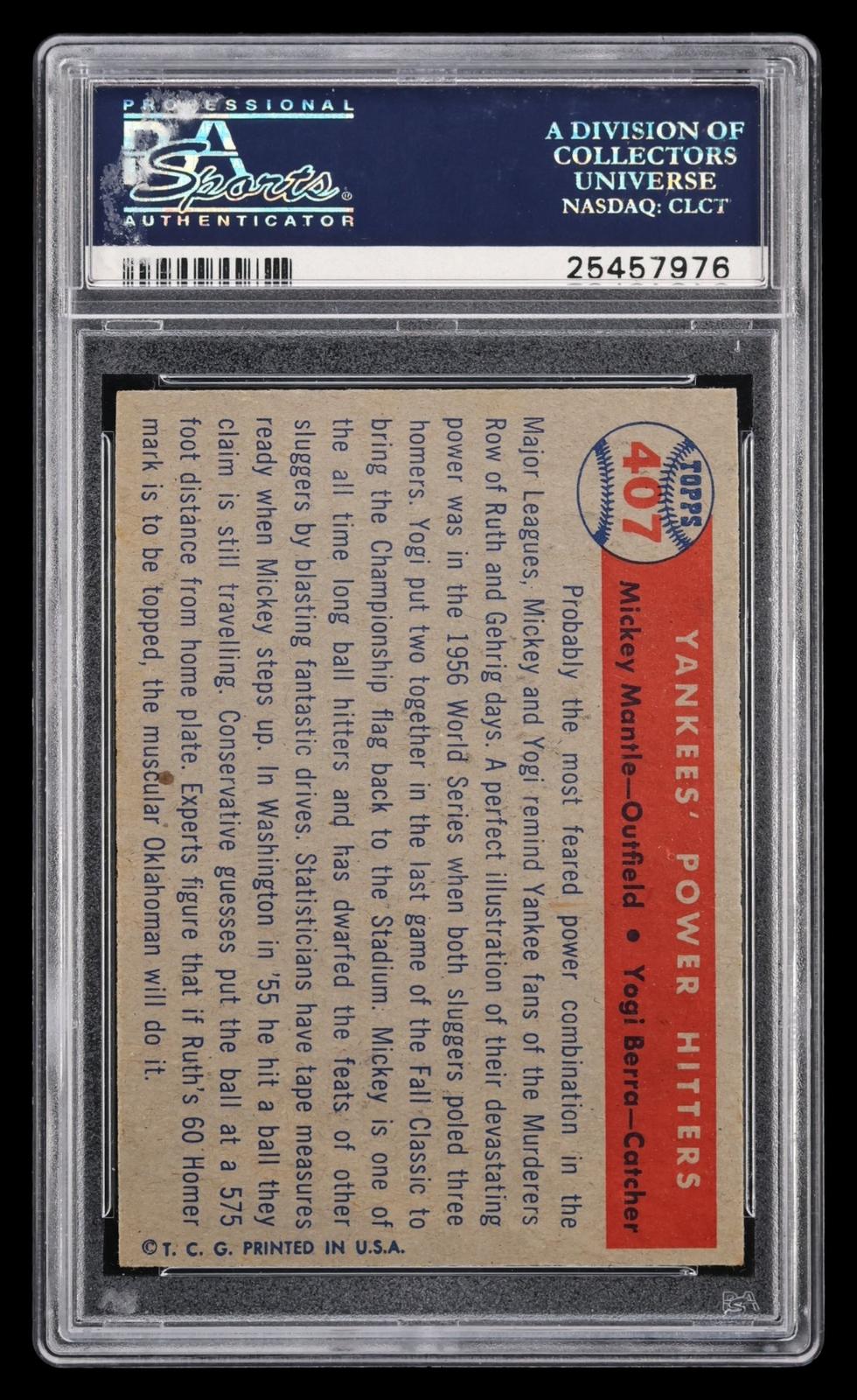 1957 Topps Berra Mantle #407 Yankees' Power Hitters PSA 7 MBA Bronze