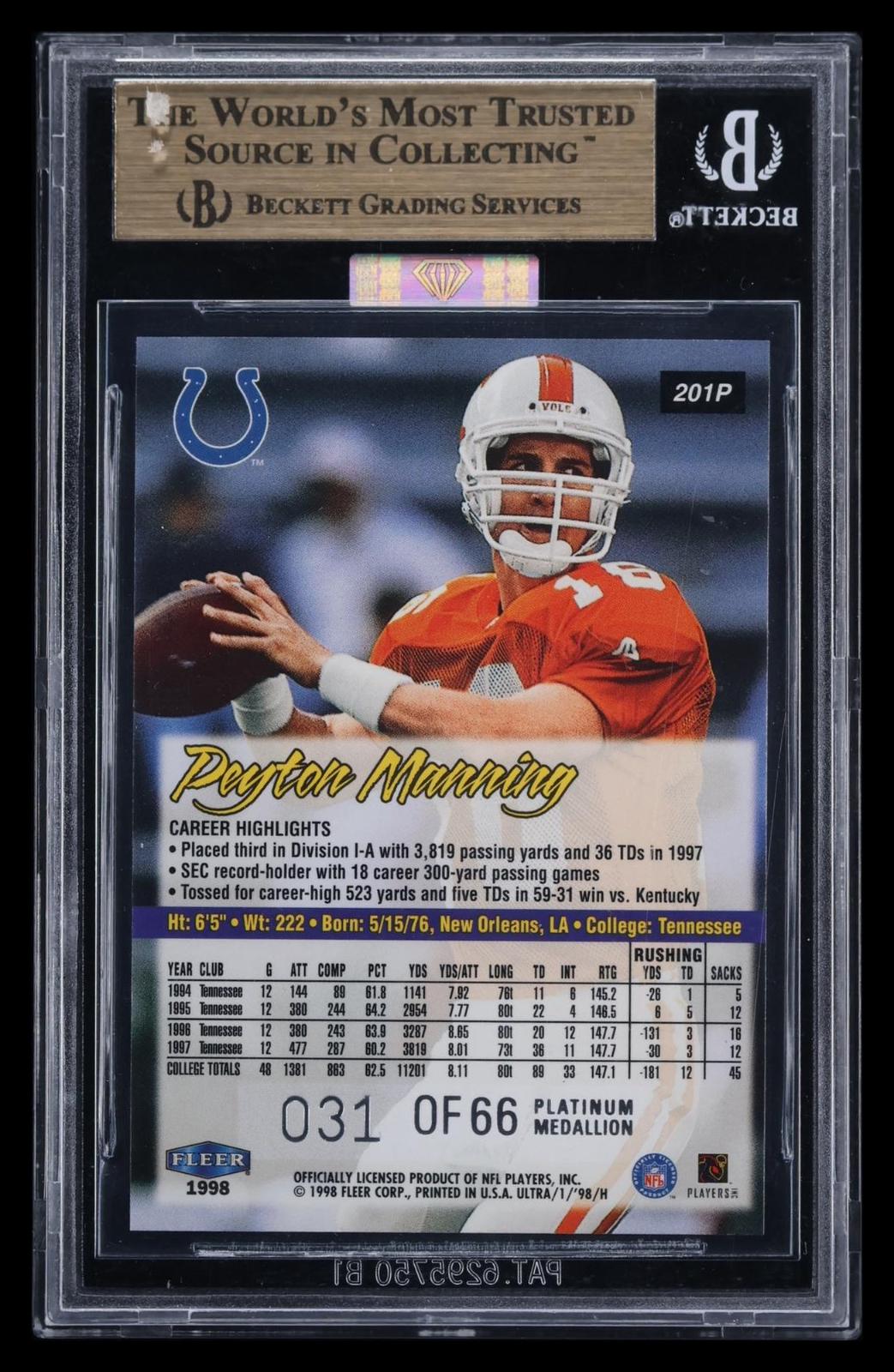 1998 Ultra Platinum Medallion Peyton Manning #201P BGS 9.5