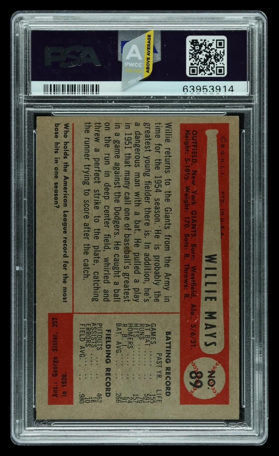 1954 Bowman Willie Mays #89 PSA 6 MBA Bronze