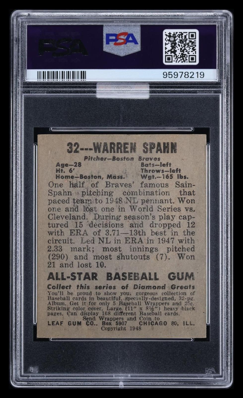 1948 Leaf Warren Spahn #32 PSA 5