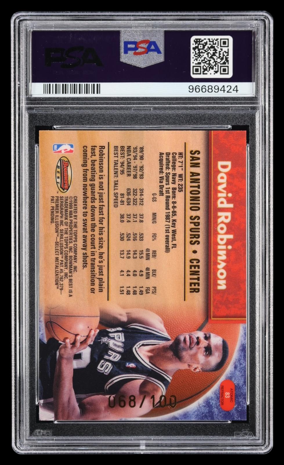 1998 Bowman's Best David Robinson #83 Atomic Refractor PSA 8 MBA Gold