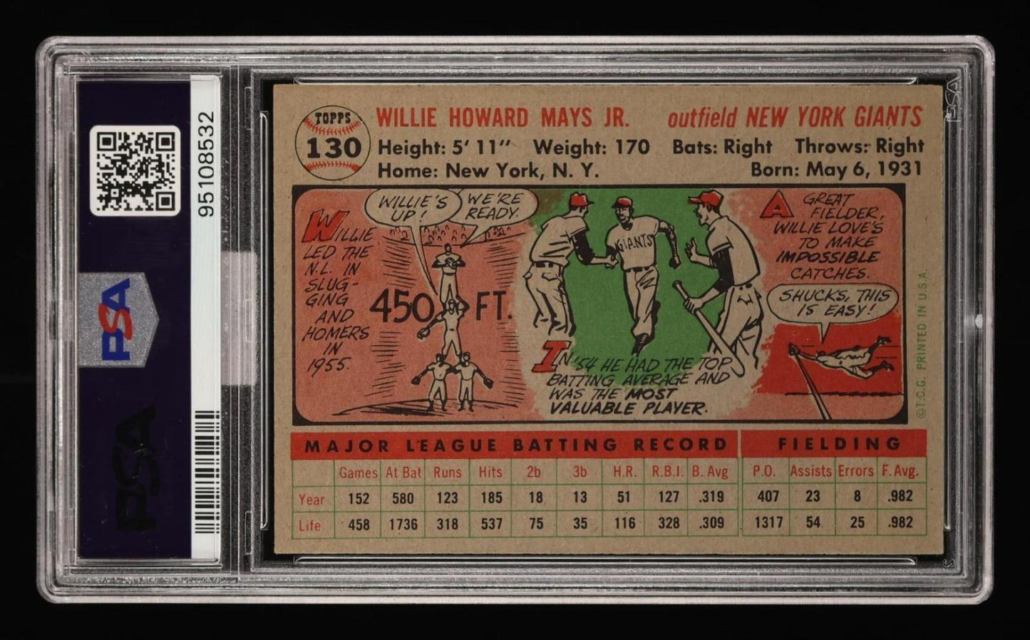 1956 Topps Willie Mays #130 Gray Back PSA 8