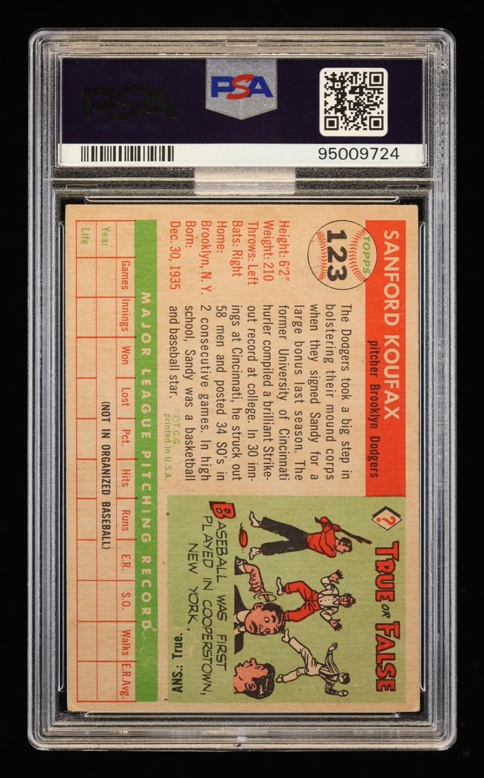 1955 Topps Sandy Koufax #123 PSA 3.5 Auto 8