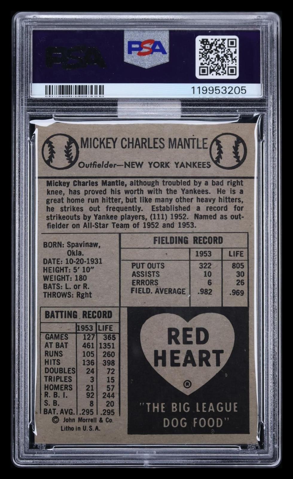1954 Red Heart Mickey Mantle PSA 7.5