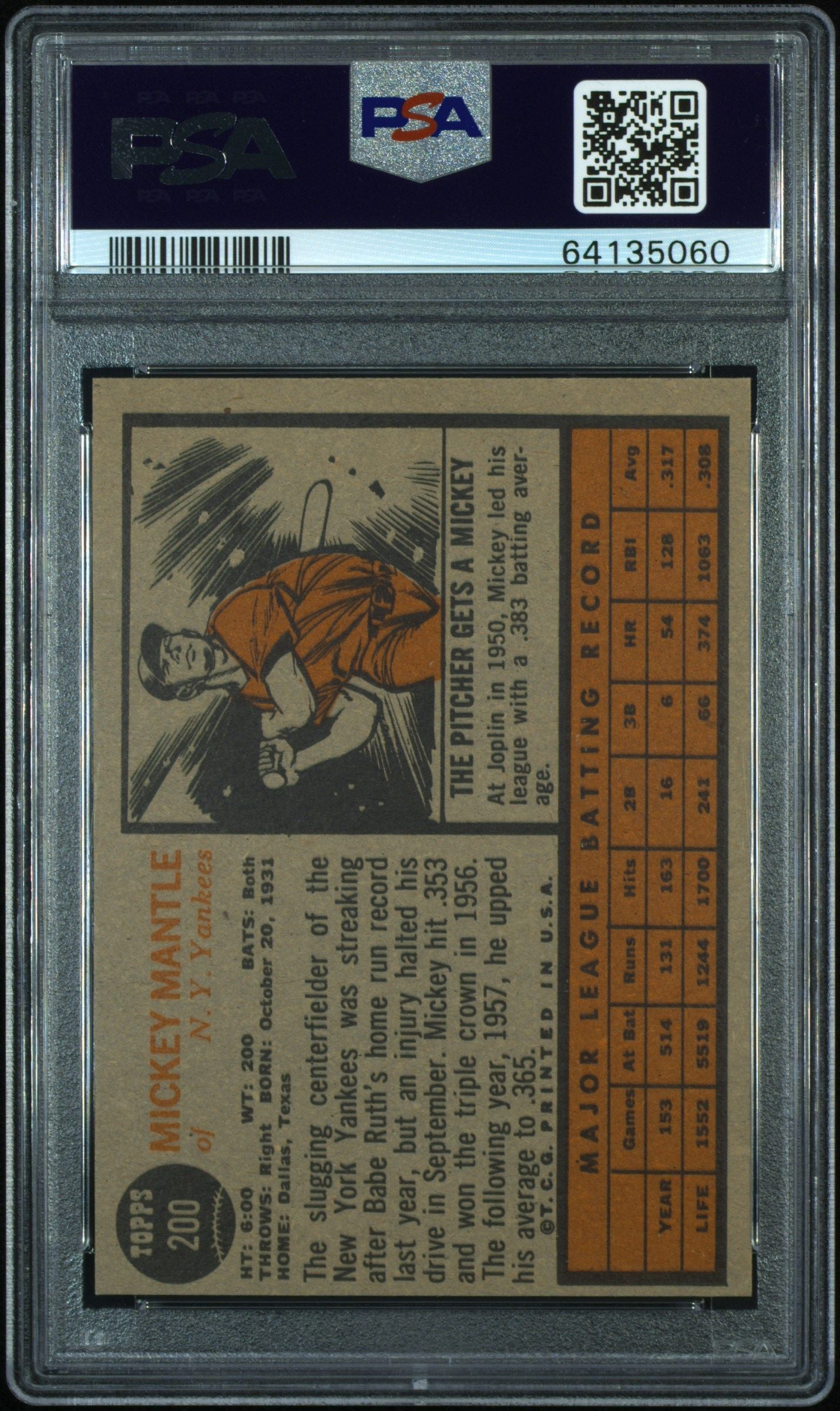 1962 TOPPS MICKEY MANTLE #200 PSA 5