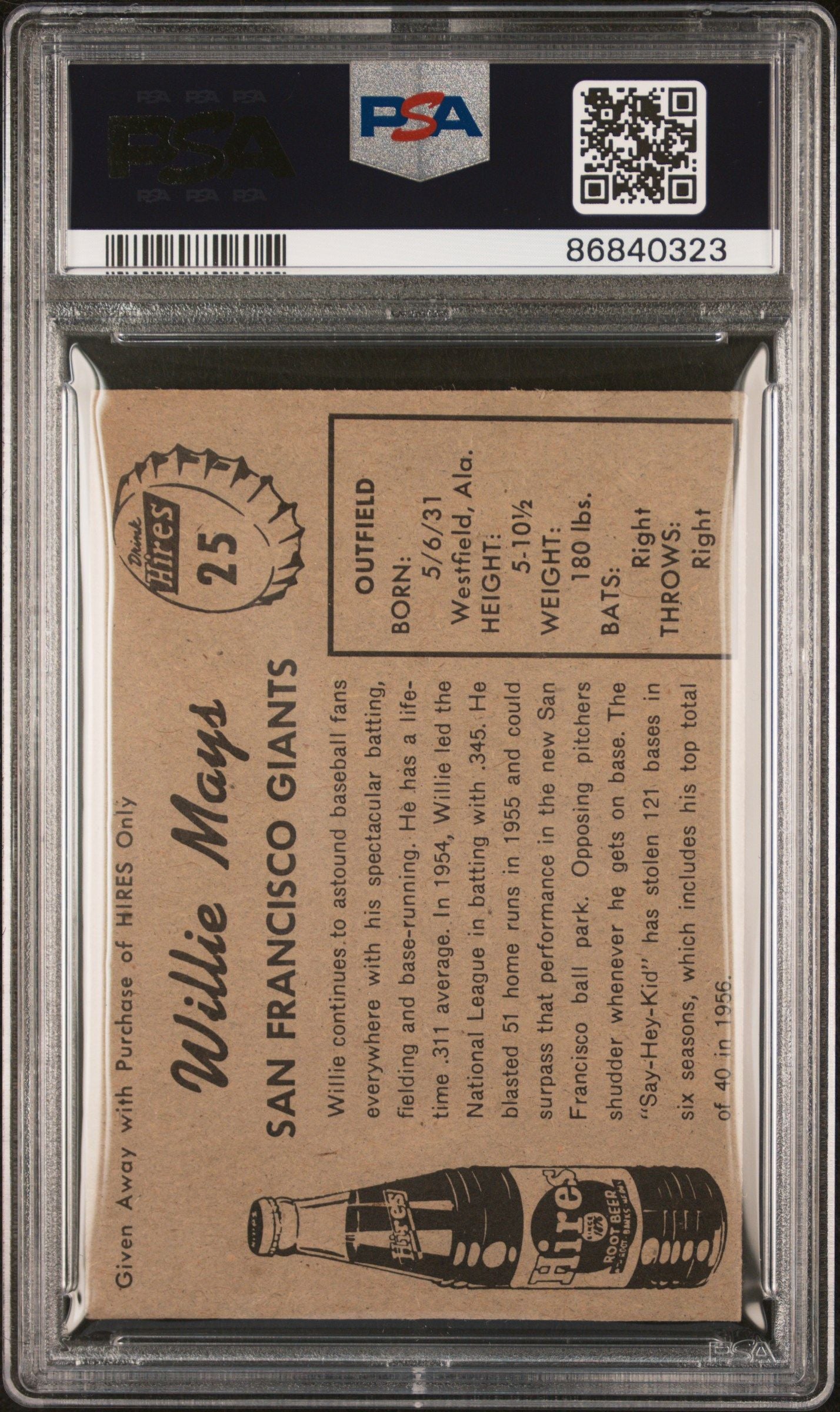 1958 WILLIE MAYS HIRES ROOT BEER NO TAB #25 PSA 6