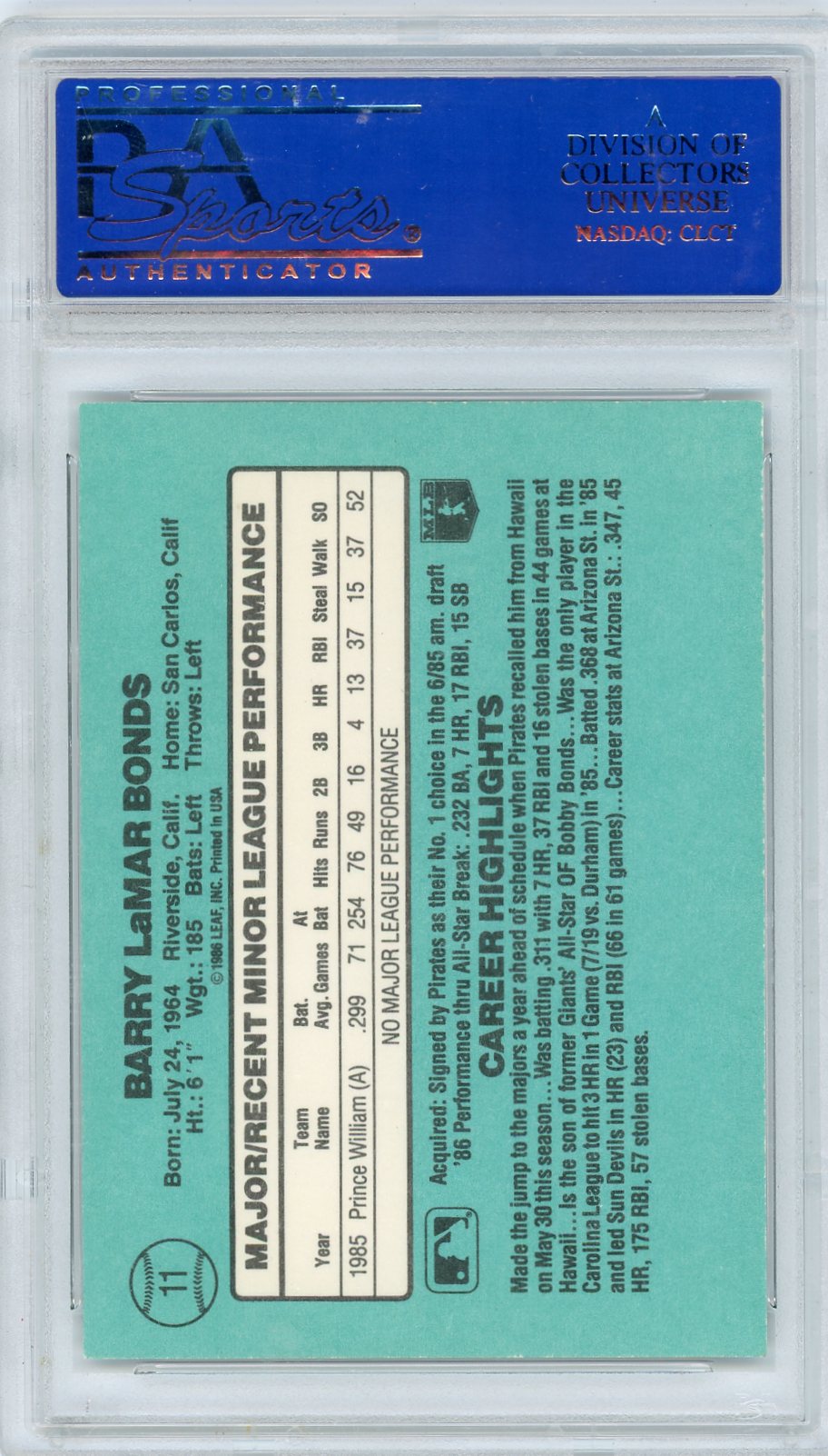 1986 Donruss Rookies Barry Bonds #11 PSA 6