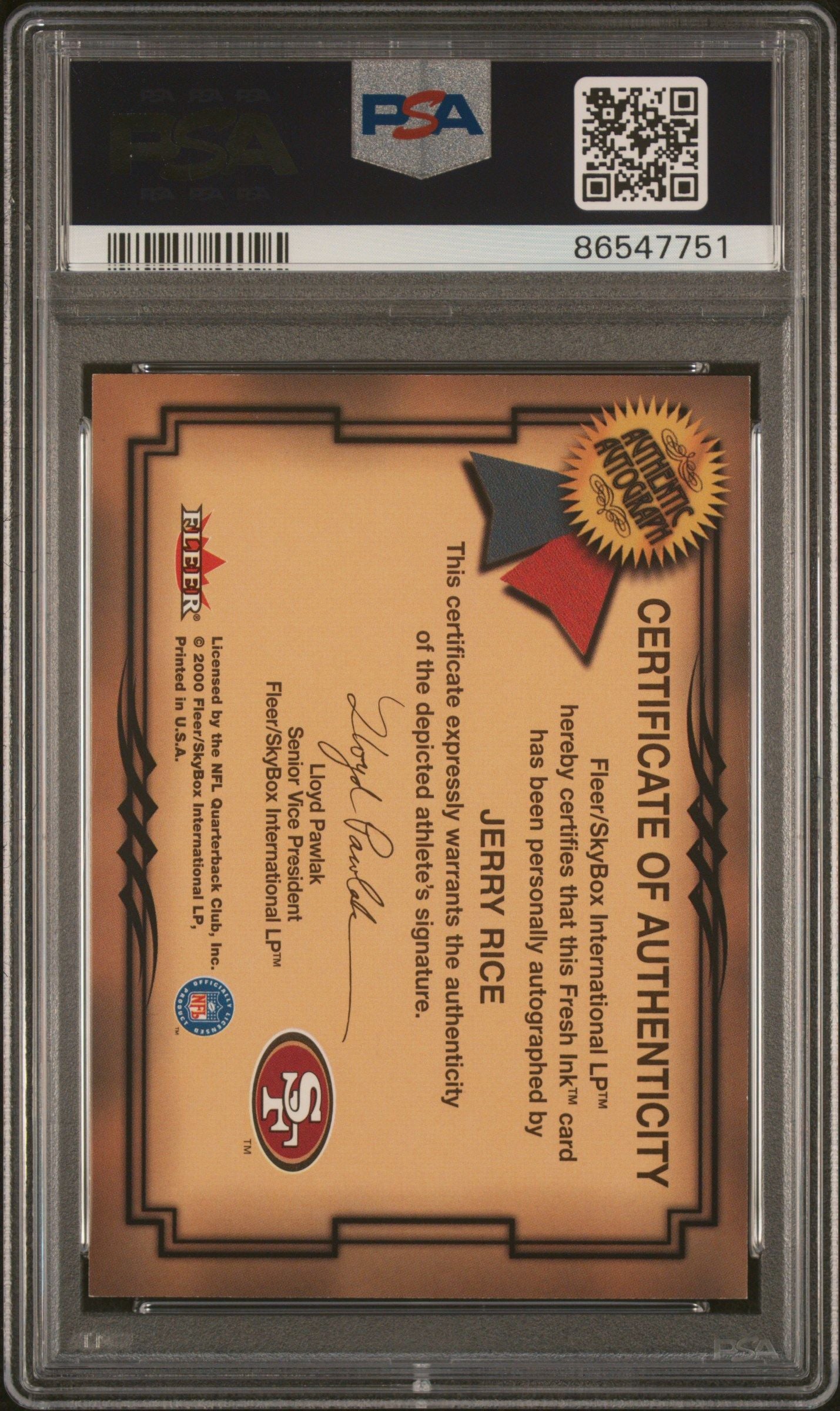 2000 FLEER JERRY RICE AUTOGRAPHICS AUTOGRAPHICS-GOLD PSA 9