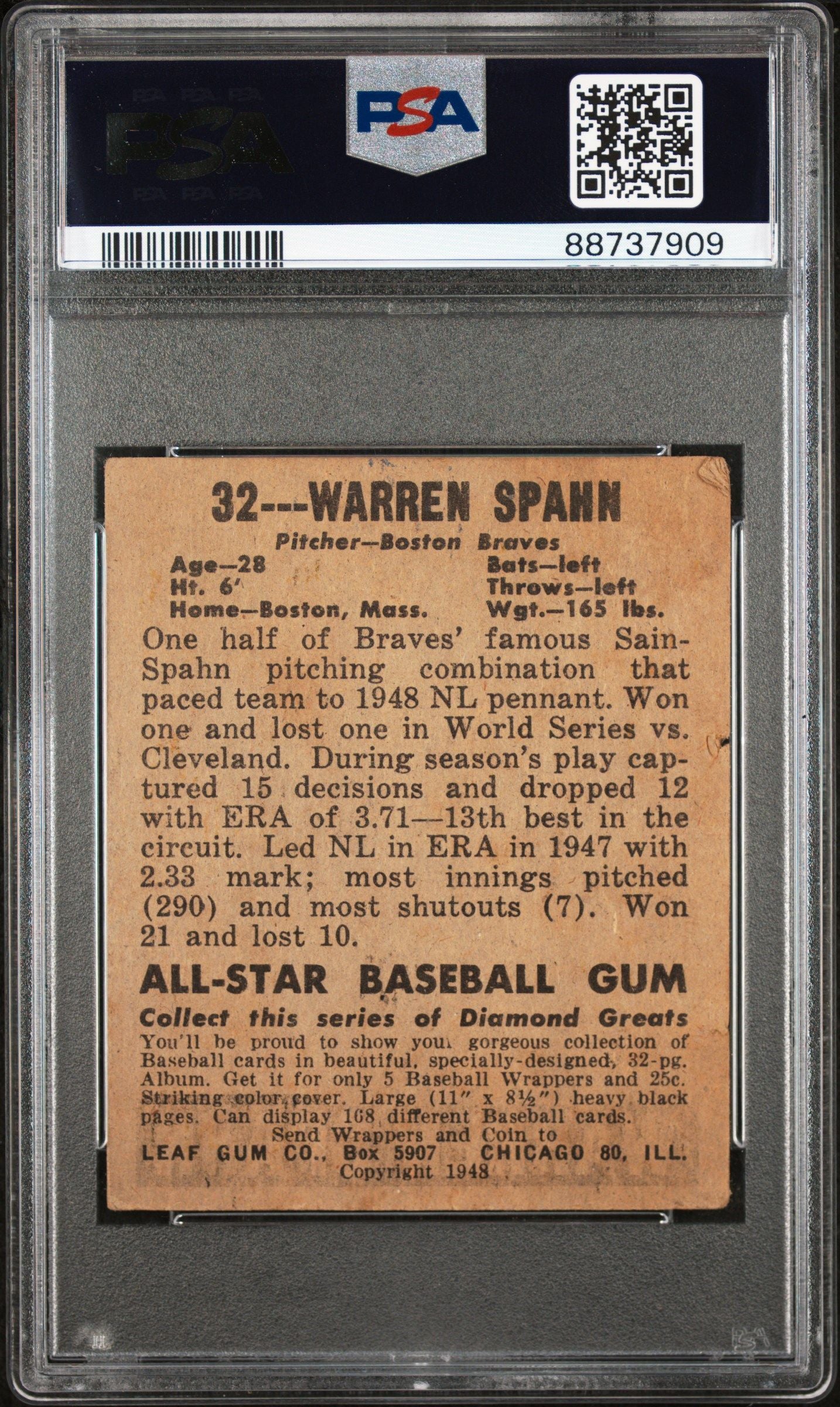 1948 LEAF WARREN SPAHN #32 PSA 2