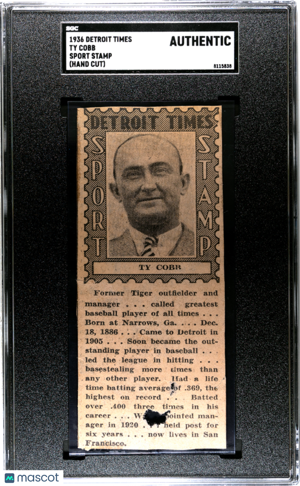 1936 Detroit Times Ty Cobb Sport Stamp (Hand Cut) SGC A
