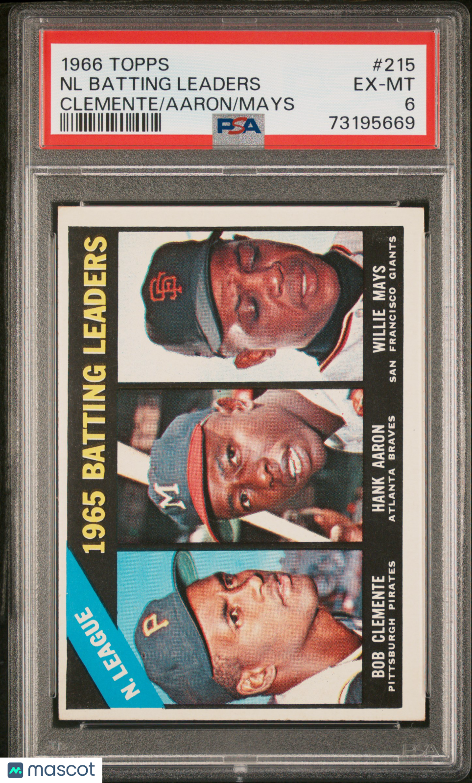 1966 Topps NL Batting Leaders #215 Clemente Aaron Mays PSA 6