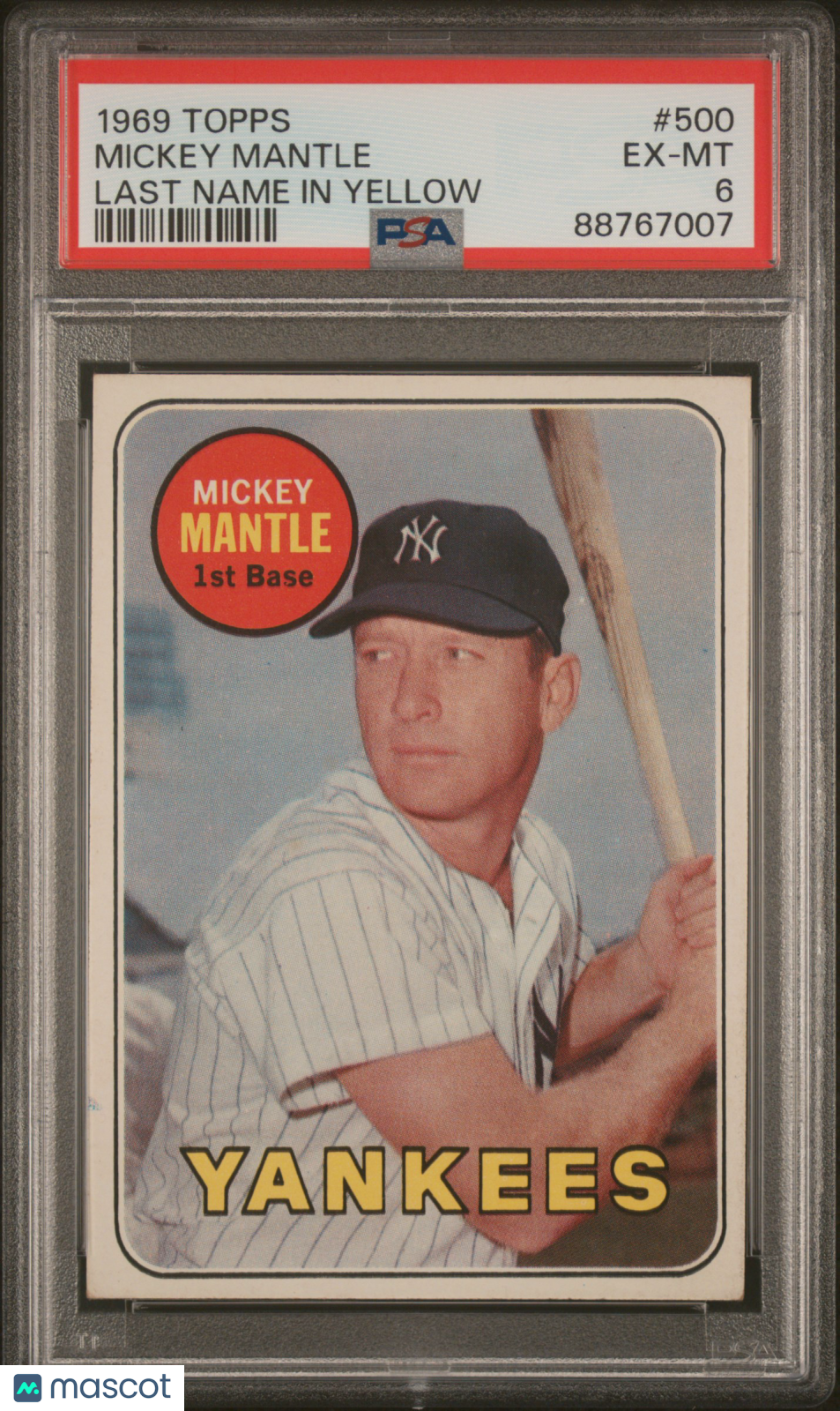 1969 Topps Mickey Mantle #500 Last Name In Yellow PSA 6