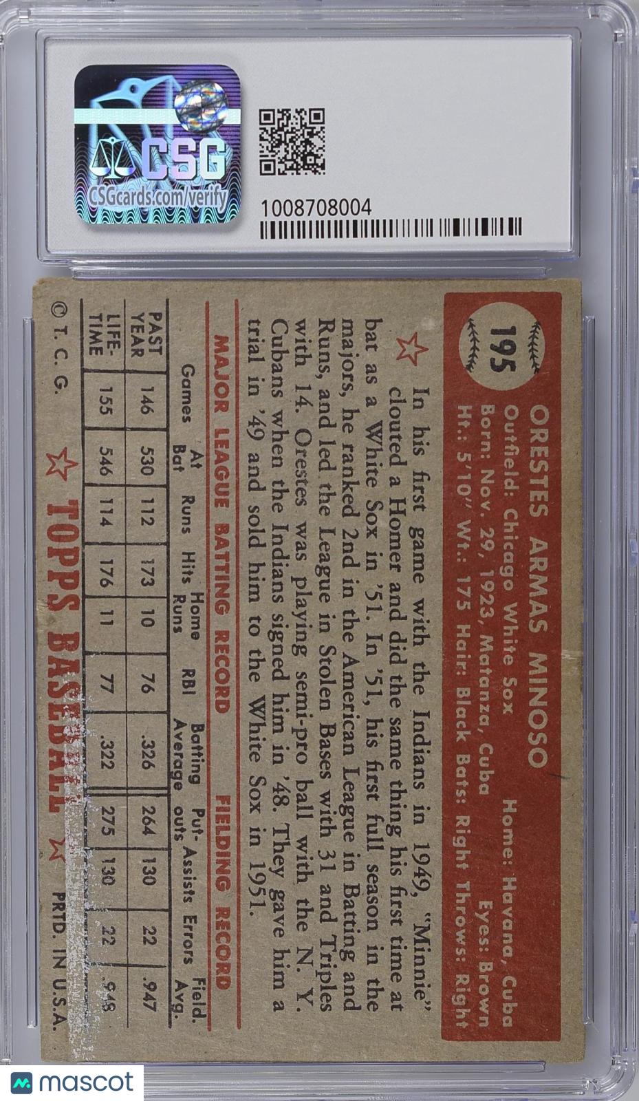 1952 Topps Orestes Minoso #195 CGC 2.5