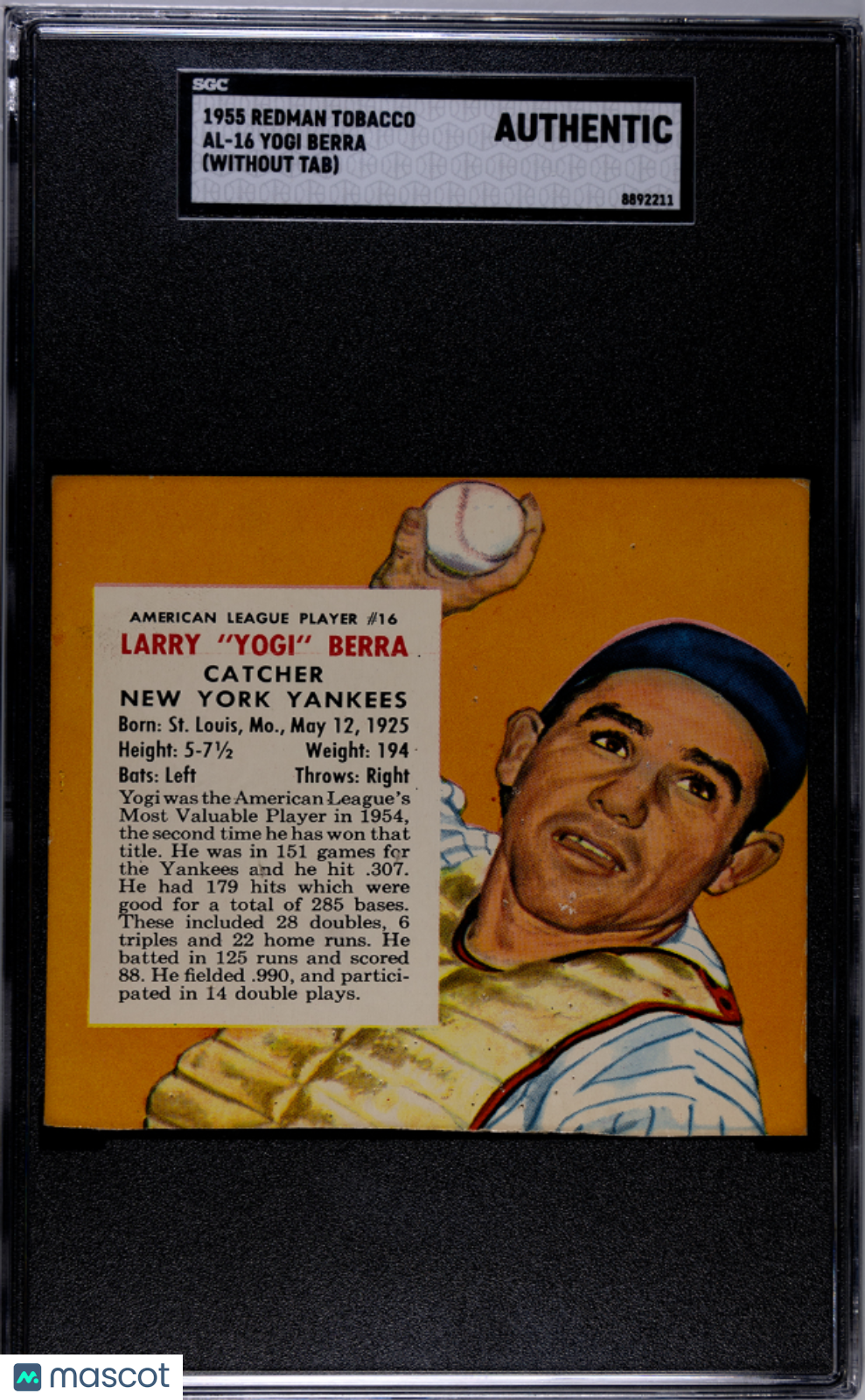1955 Redman Tobacco Yogi Berra #AL-16 (Without Tab) SGC A