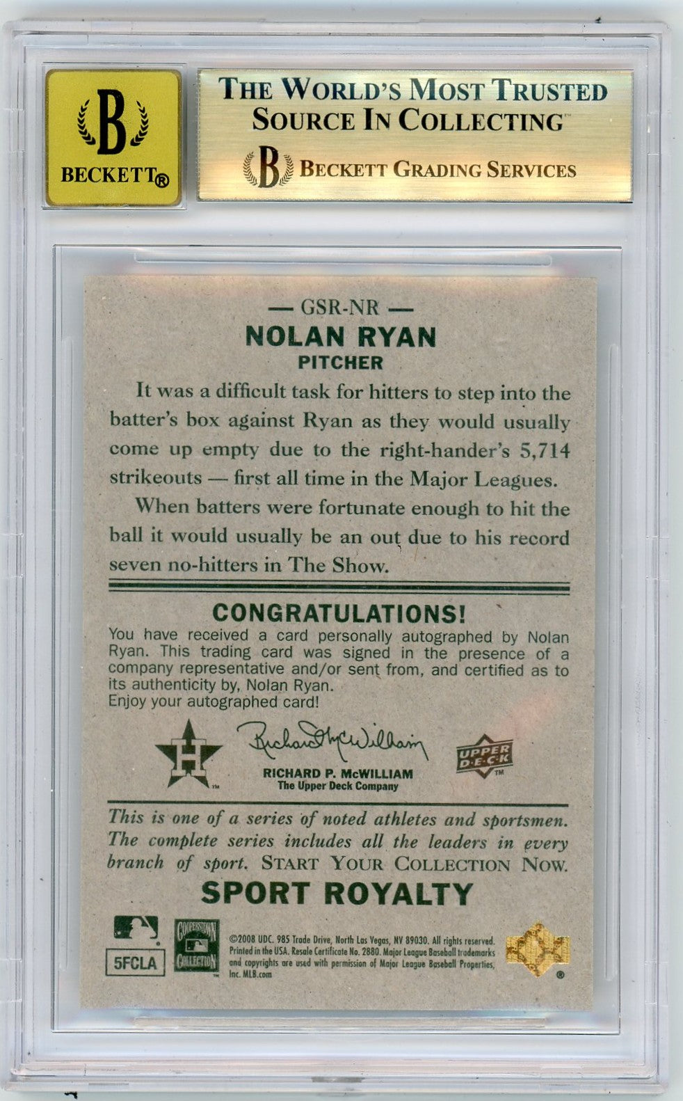 2008 GOUDEY NOLAN RYAN SP UPPER DECK SPORT ROYALTY AUTOGRAPHS #NR BGS 9.5 AUTO 10
