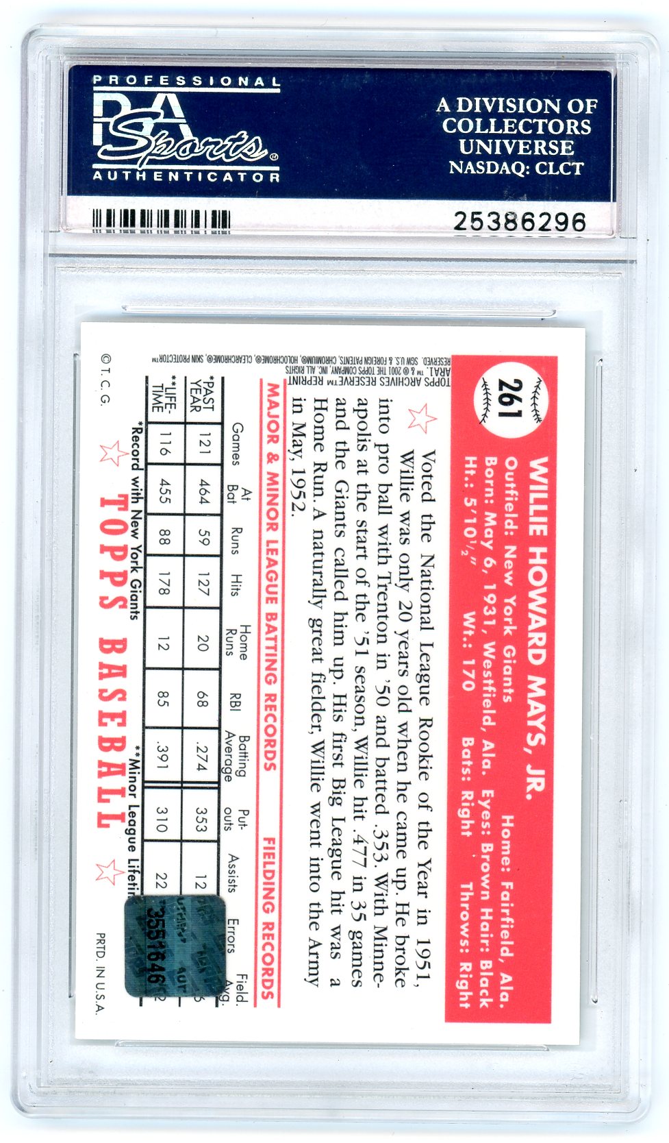 2001 TOPPS WILLIE MAYS ARCHIVES RESERVE REPRINT-AUTOGRAPH #ARA1 PSA 10