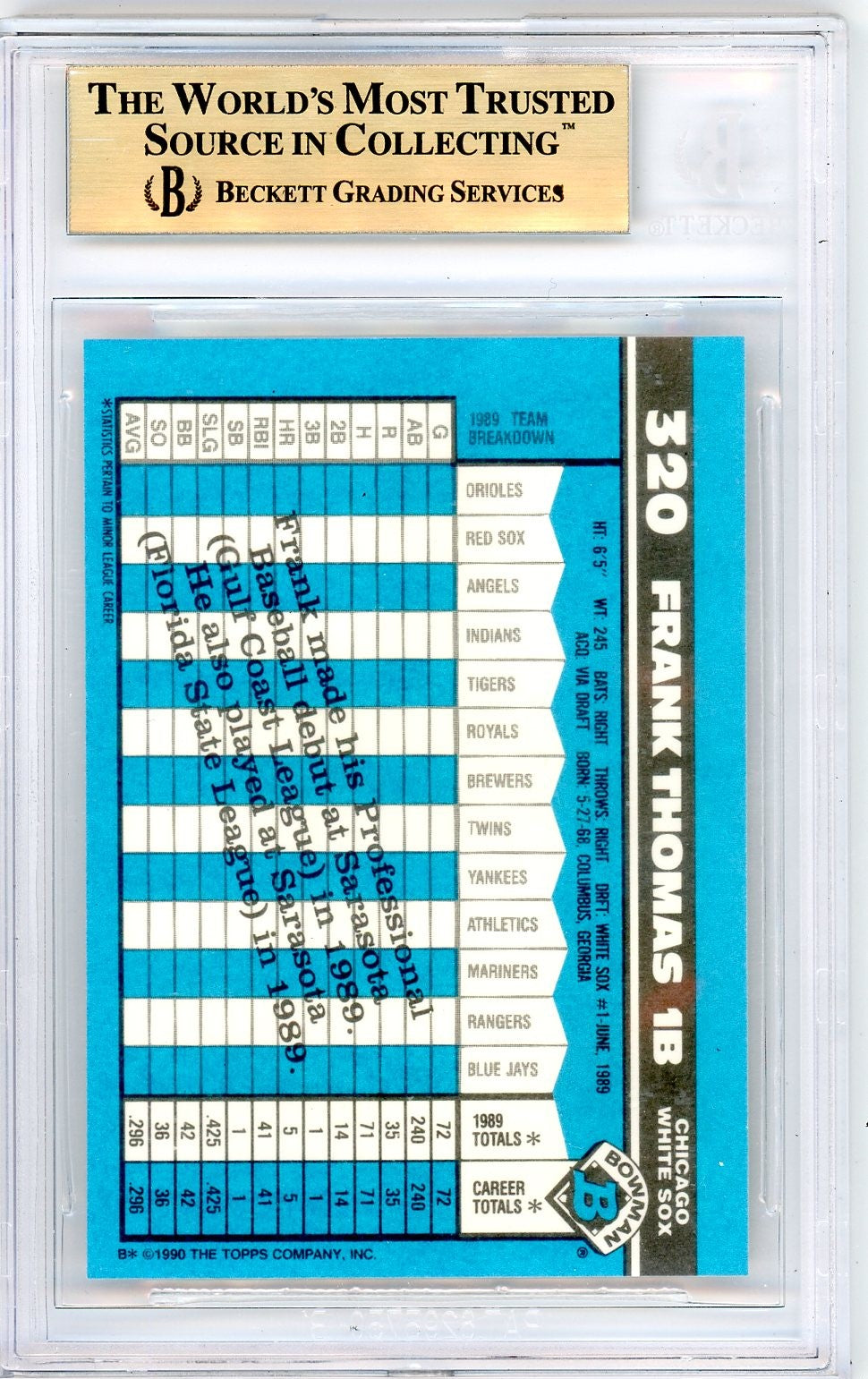 1990 BOWMAN FRANK THOMAS TIFFANY #320 BGS 9.5