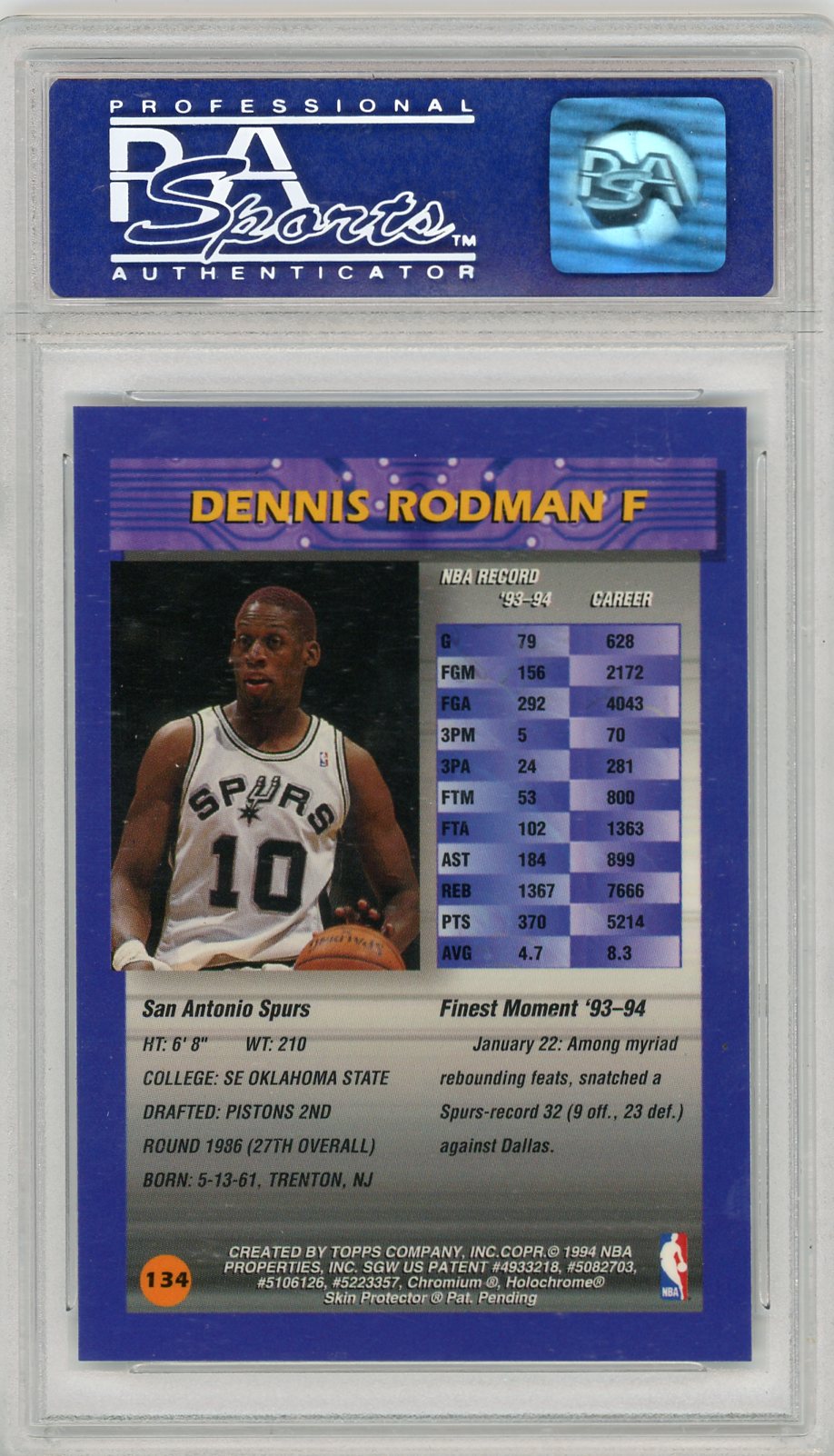 1994 DENNIS RODMAN FINEST REFRACTOR W/COATING #134 PSA 10