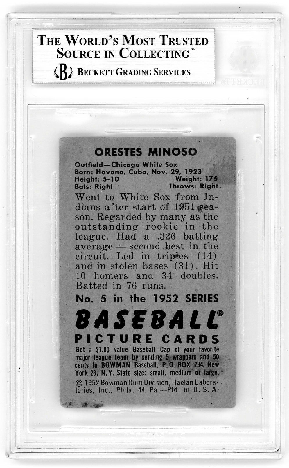 1952 BOWMAN MINNIE MINOSO RC #5 BGS AUTHENTIC