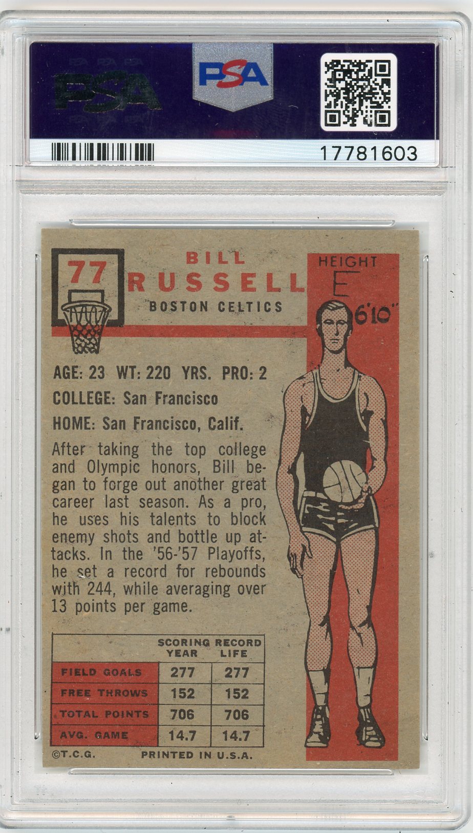 1957 TOPPS BILL RUSSELL #77 PSA 6