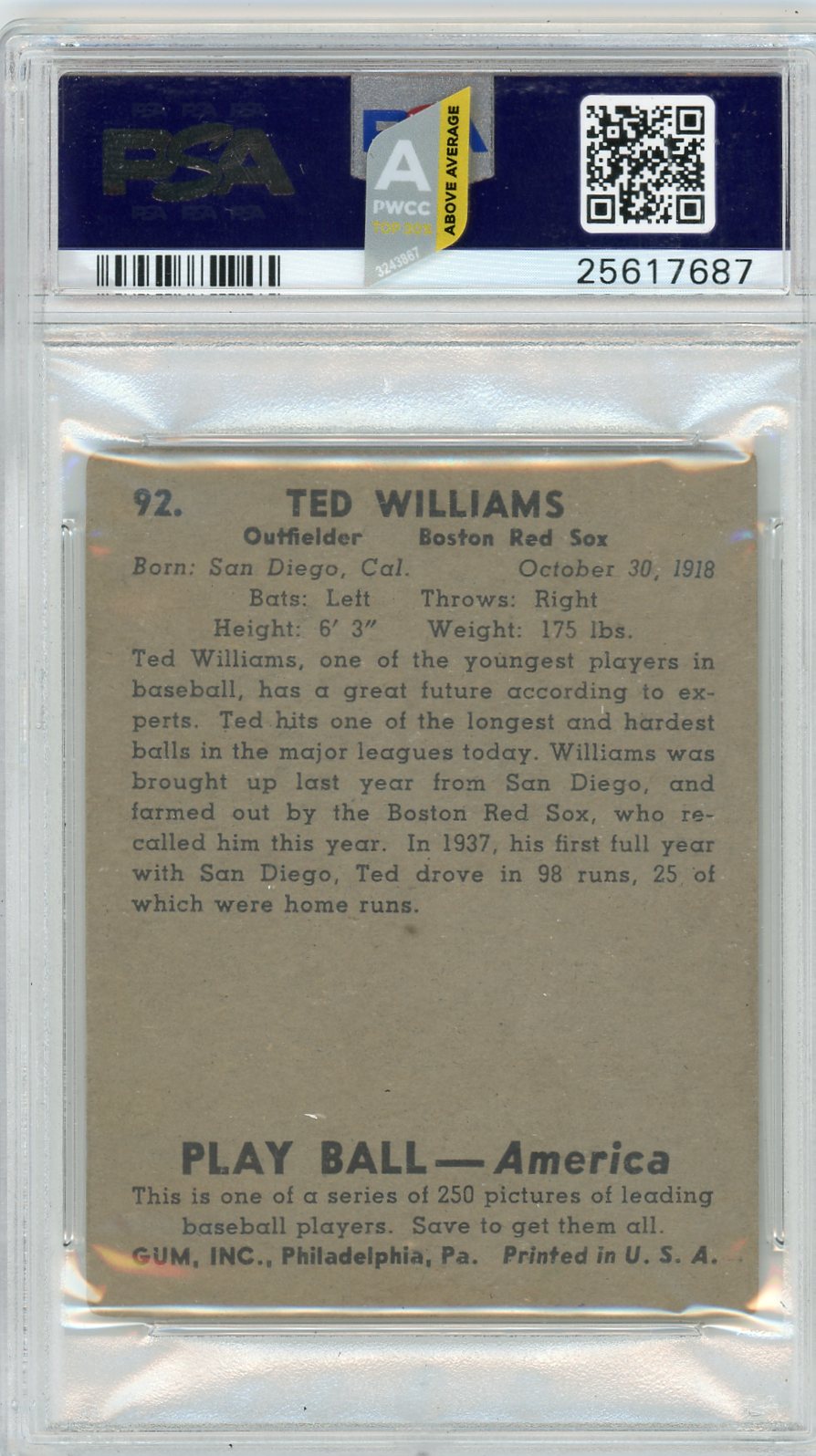 1939 PLAY BALL TED WILLIAMS #92 PSA 3.5
