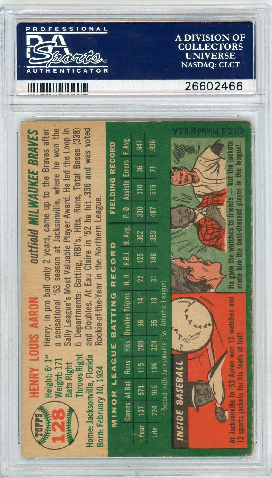 1954 Topps Henry Aaron #128 PSA 4 Auto 9