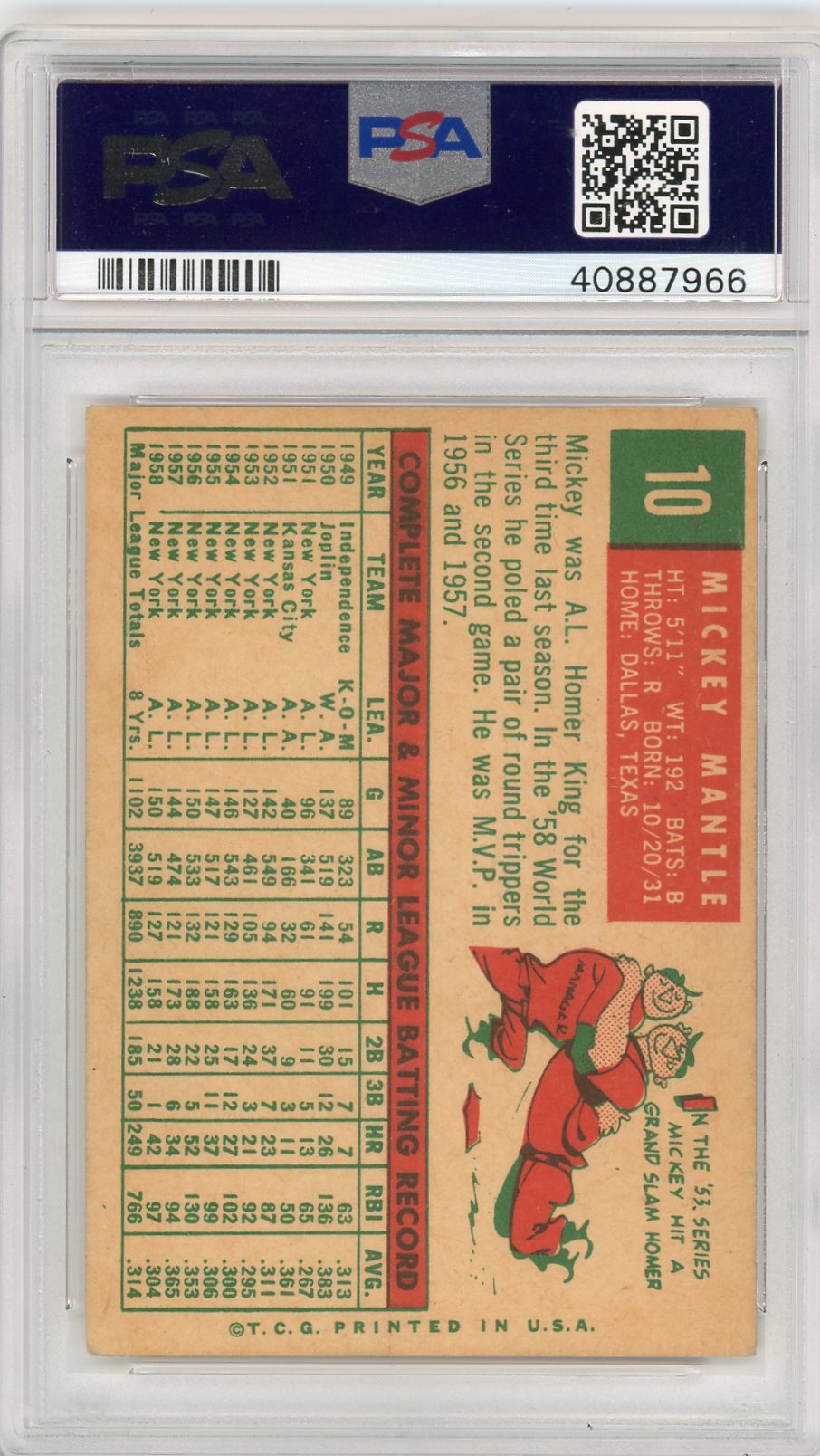 1959 TOPPS MICKEY MANTLE #10 PSA 5