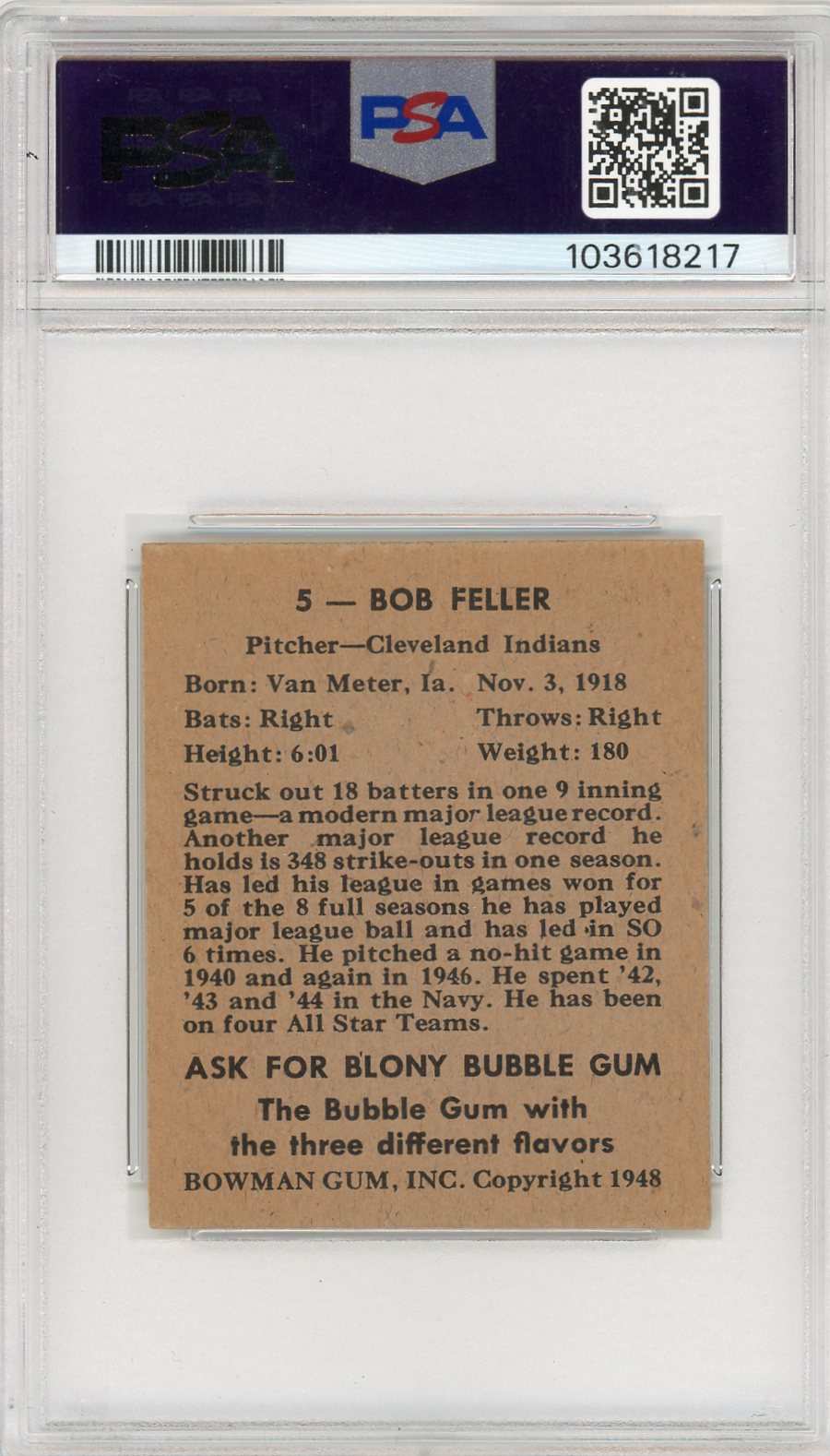 1948 Bowman Bob Feller #5 PSA 6 Auto 10