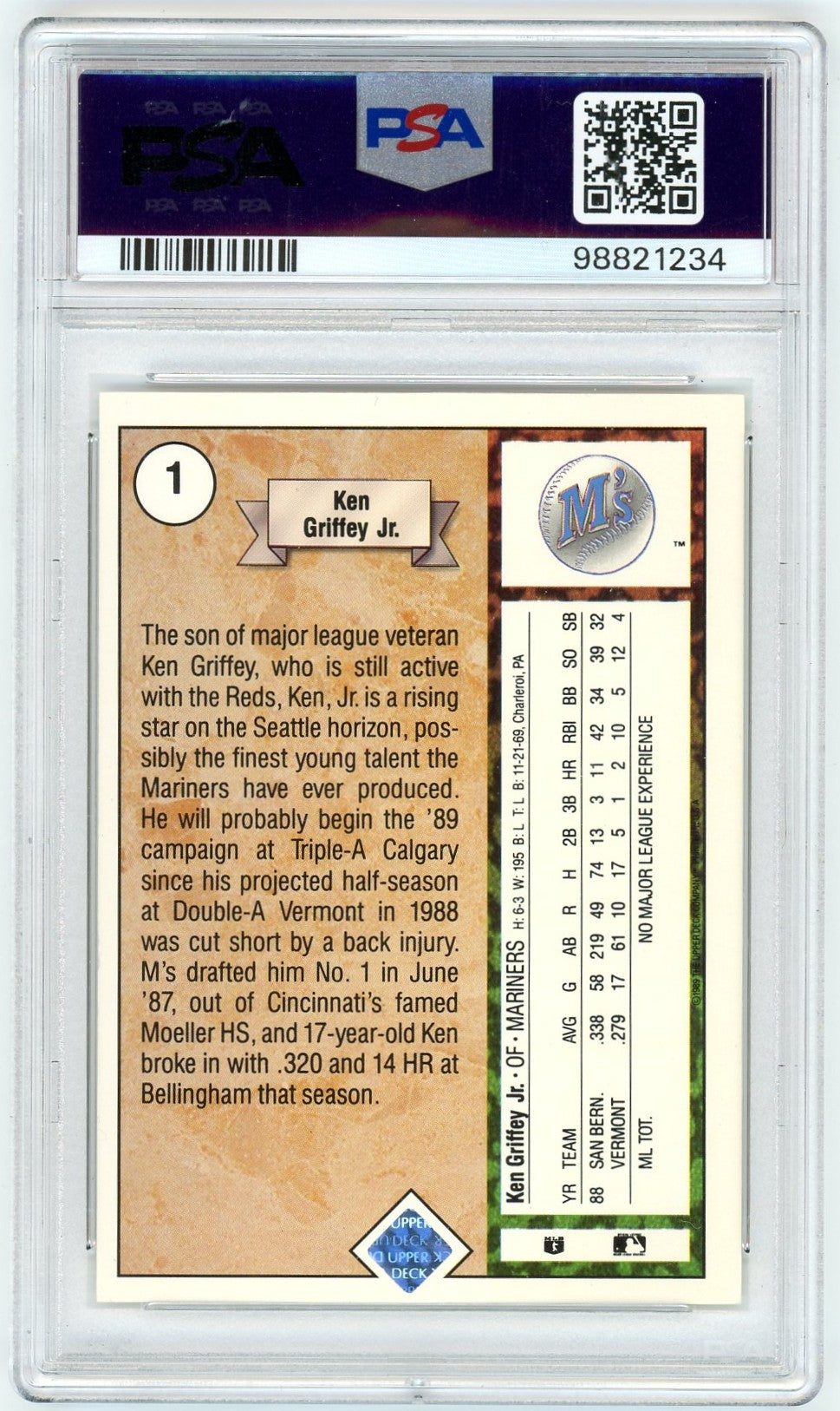 1989 Upper Deck Ken Griffey JR. #1 Star Rookie PSA 9 Auto 10