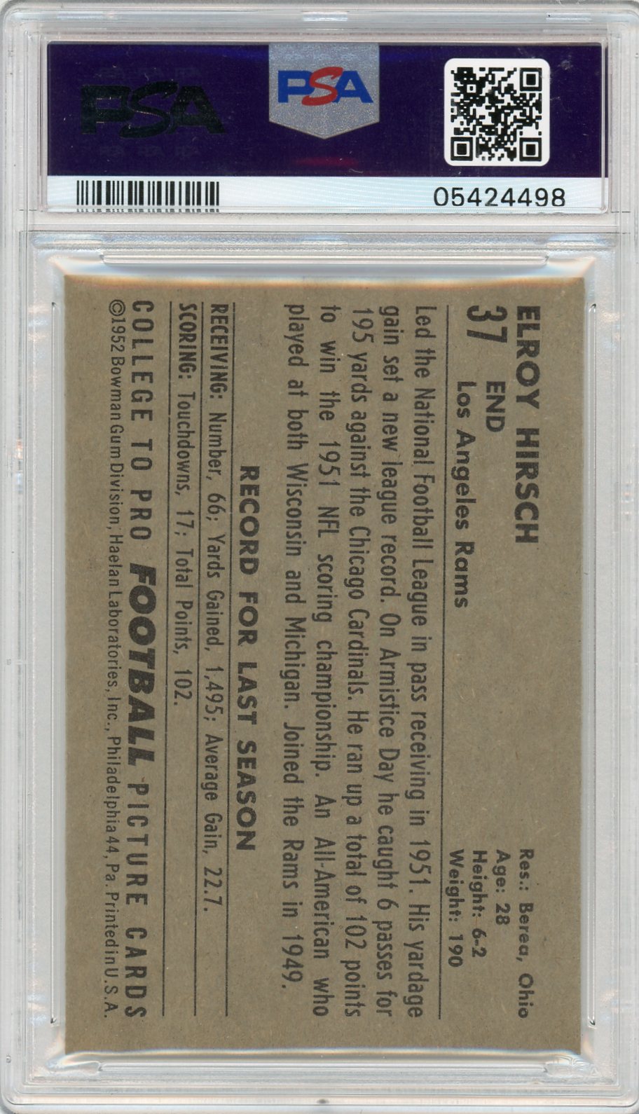 1952 Bowman Large Elroy Hirsch #37 Psa 8
