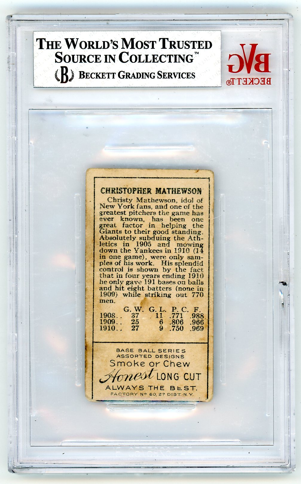 1911 CHRISTY MATHEWSON T205 GOLD BORDER #124 BGS 2.5