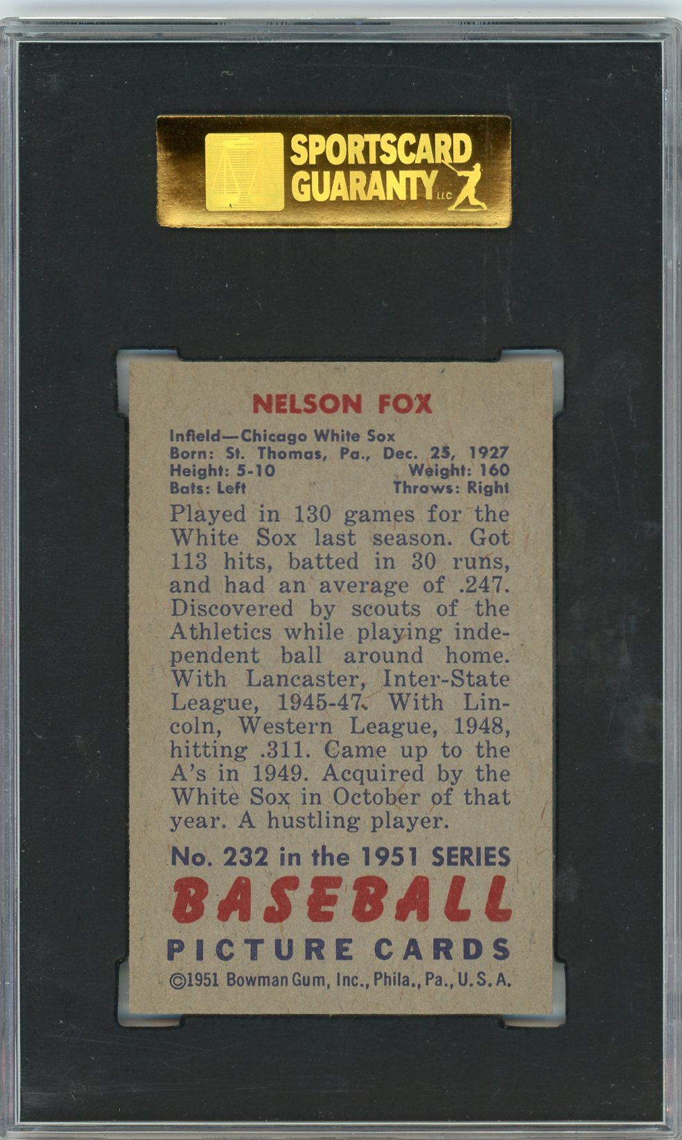 1951 Bowman Nelson Fox #232 SGC 7.5