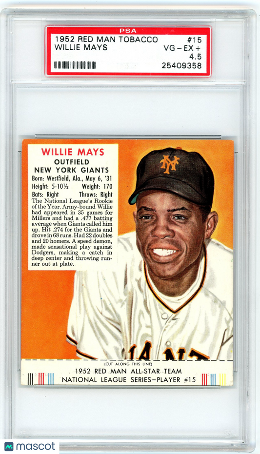 1952 Red Man Tobacco Willie Mays #15 PSA 4.5