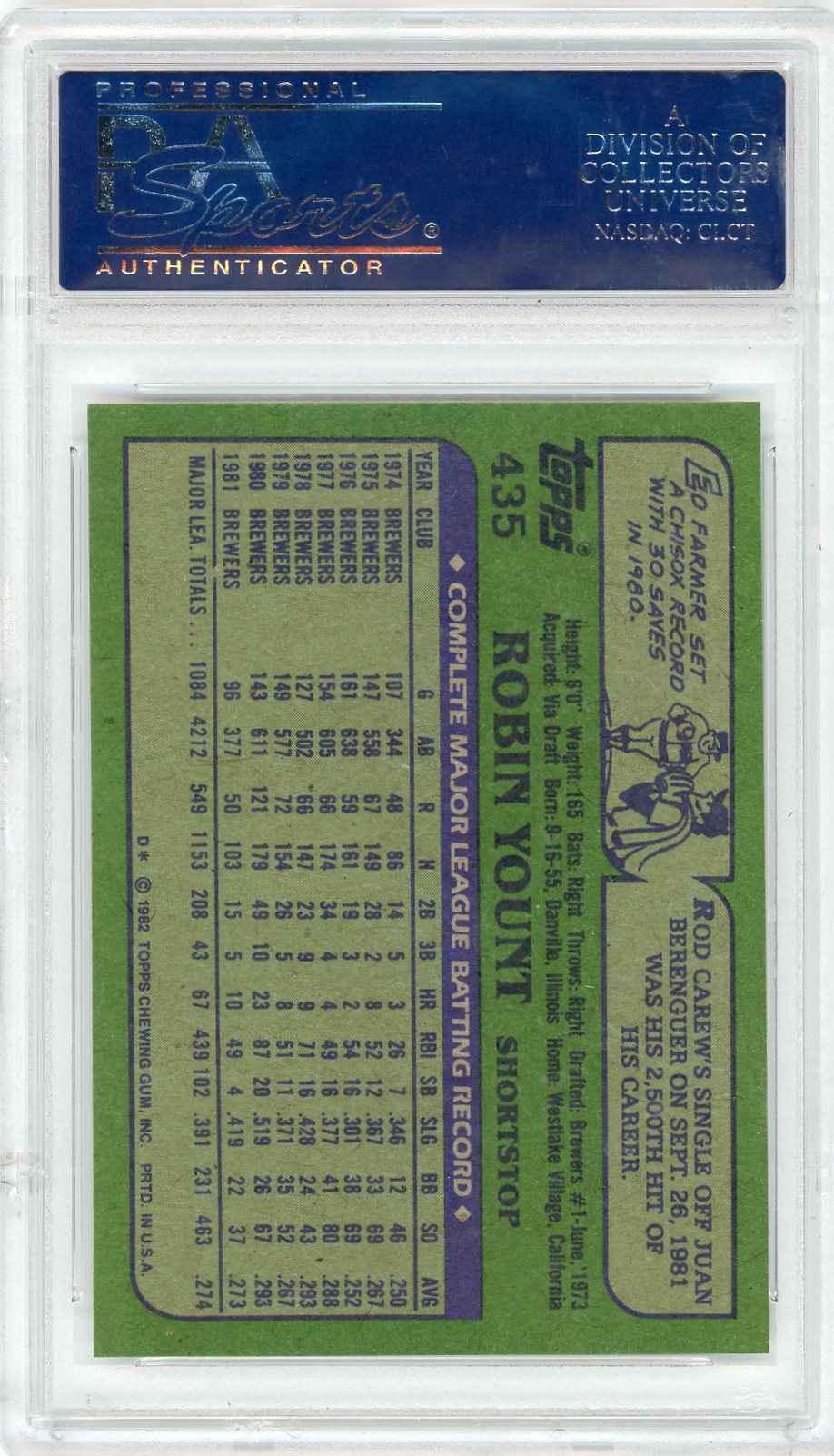 1982 Topps Robin Yount #435 PSA 10