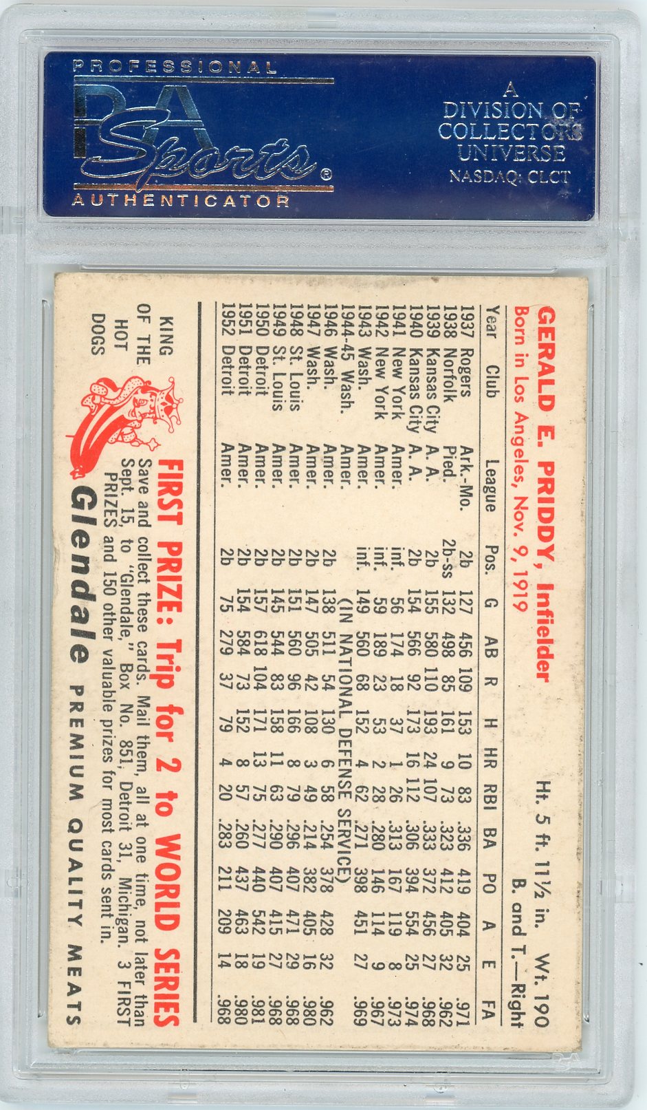 1953 Glendale Hot Dogs Tigers Jerry Priddy PSA 4