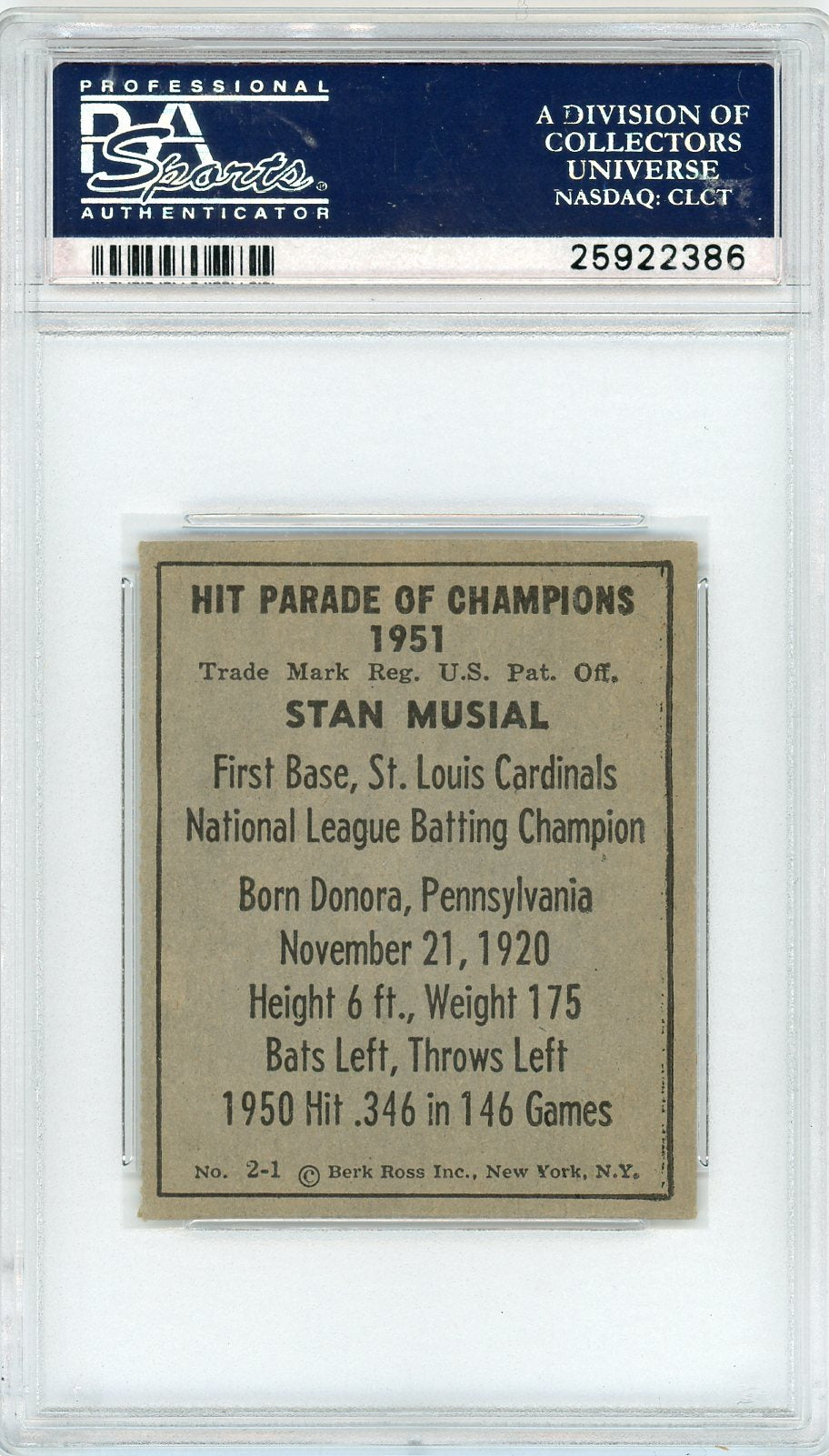 1951 Berk Ross Stan Musial #2-1 PSA 6